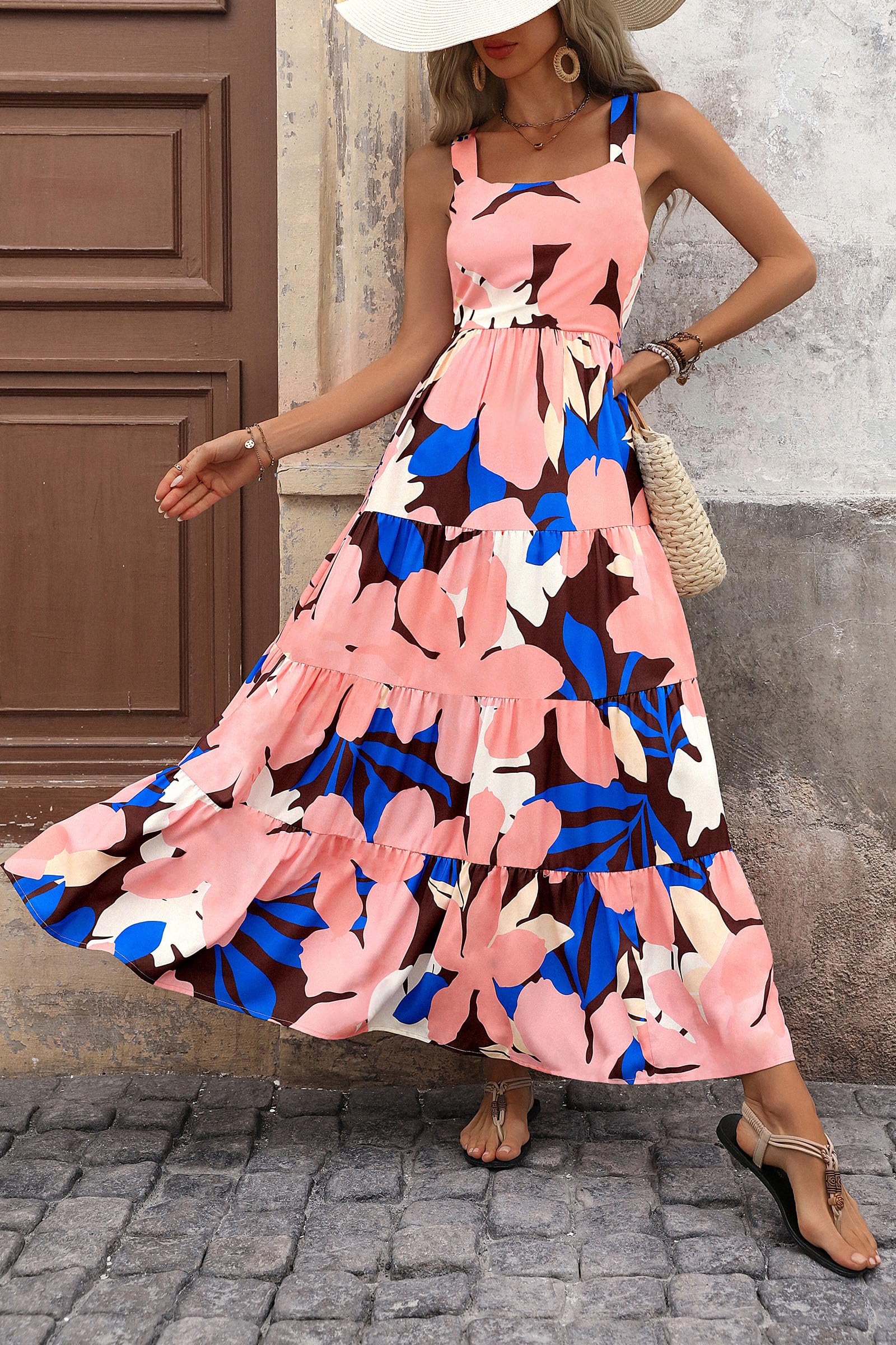 PRETTYGARDEN Women's Summer Floral Maxi Dress Sleeveless Smocked Ruffle Long Flowy Beach Vacation Boho Sundresses