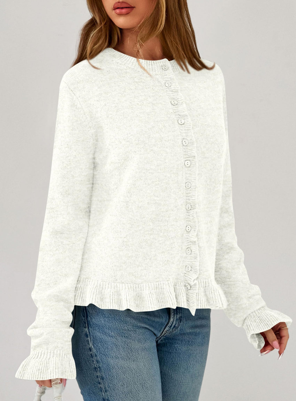 PRETTYGARDEN Womens Fall Button Down Cardigans Chunky Knit Ruffle Open Front Cropped Cardigan Sweaters Soft Long Sleeve Tops