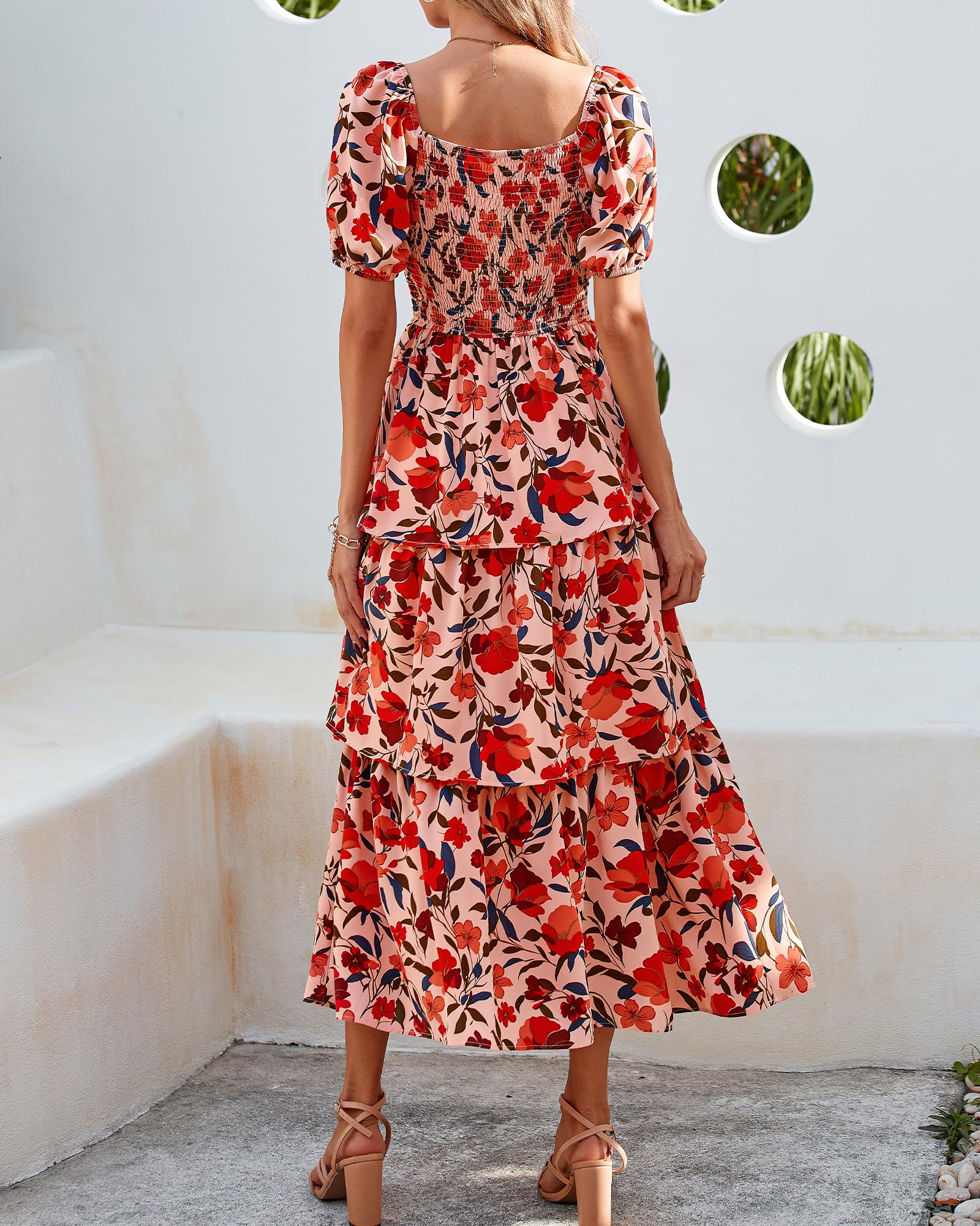 BTFBM Womens Square Neck Smocked Dress Summer Puff Short Sleeve Floral Casual Ruffle Tiered Maxi Wedding Guest Dresses