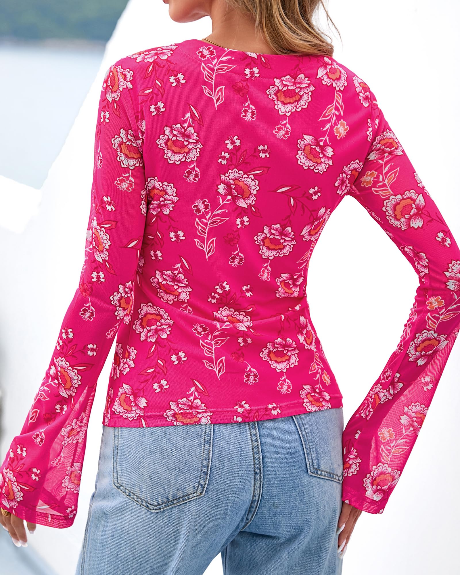 BTFBM Button Down Shirts for Women Spring Boho Tops V Neck Long Sleeve Blouses Ruched Mesh Fitted Fall Fashion