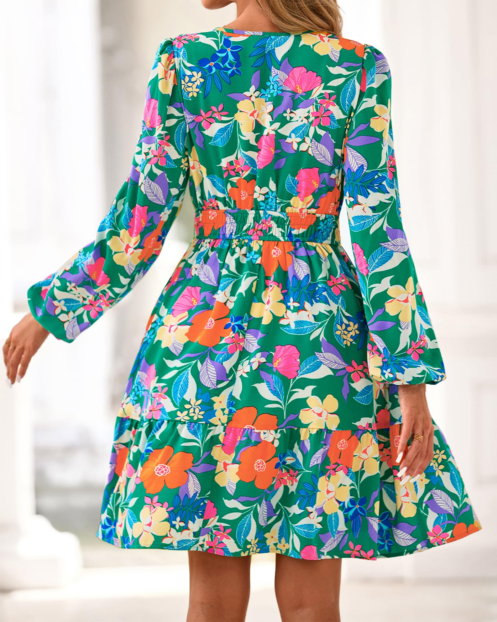 BTFBM Spring Dresses for Women Mini Long Sleeve Elastic Waist Summer Vacation Outfits Floral Wedding Guest Dress