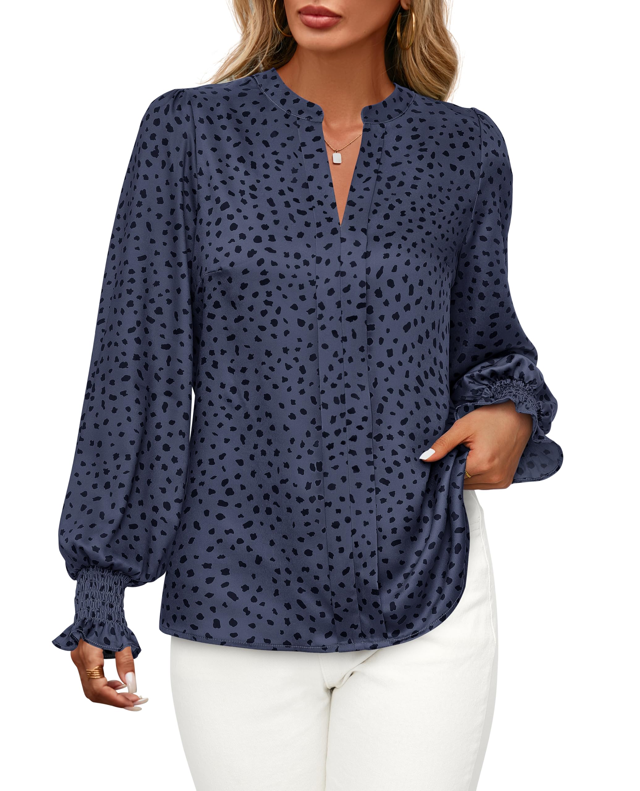FreshPretty Womens Boho Floral Long Sleeve Tops Fall Fashion V Neck Loose Chiffon Work Blouses Dressy Casual Ruffle Shirts