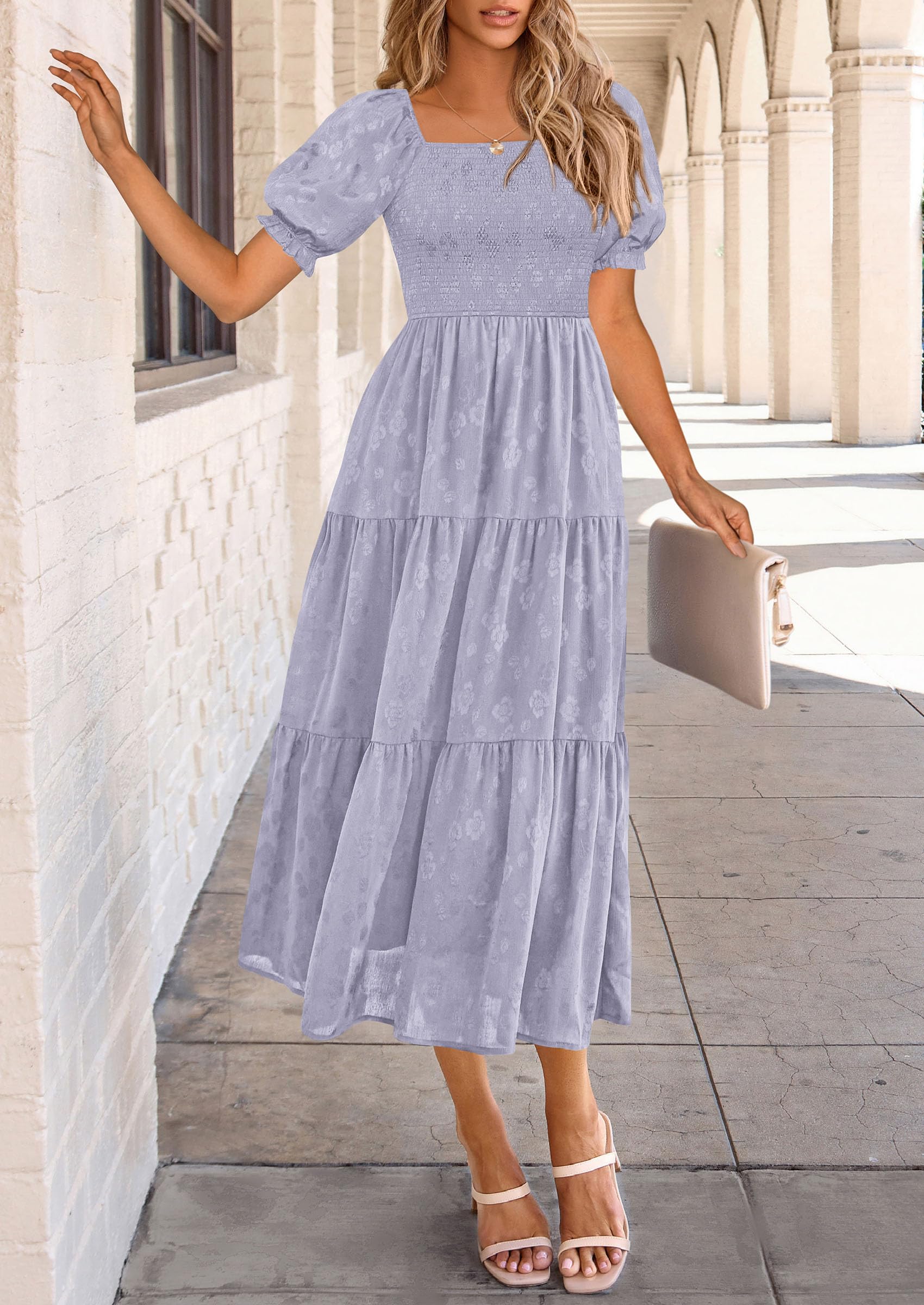 PRETTYGARDEN Women's Summer Casual Midi Dresses Square Neck Short Sleeve Smocked A Line Floral Flowy Elegant Boho Dress