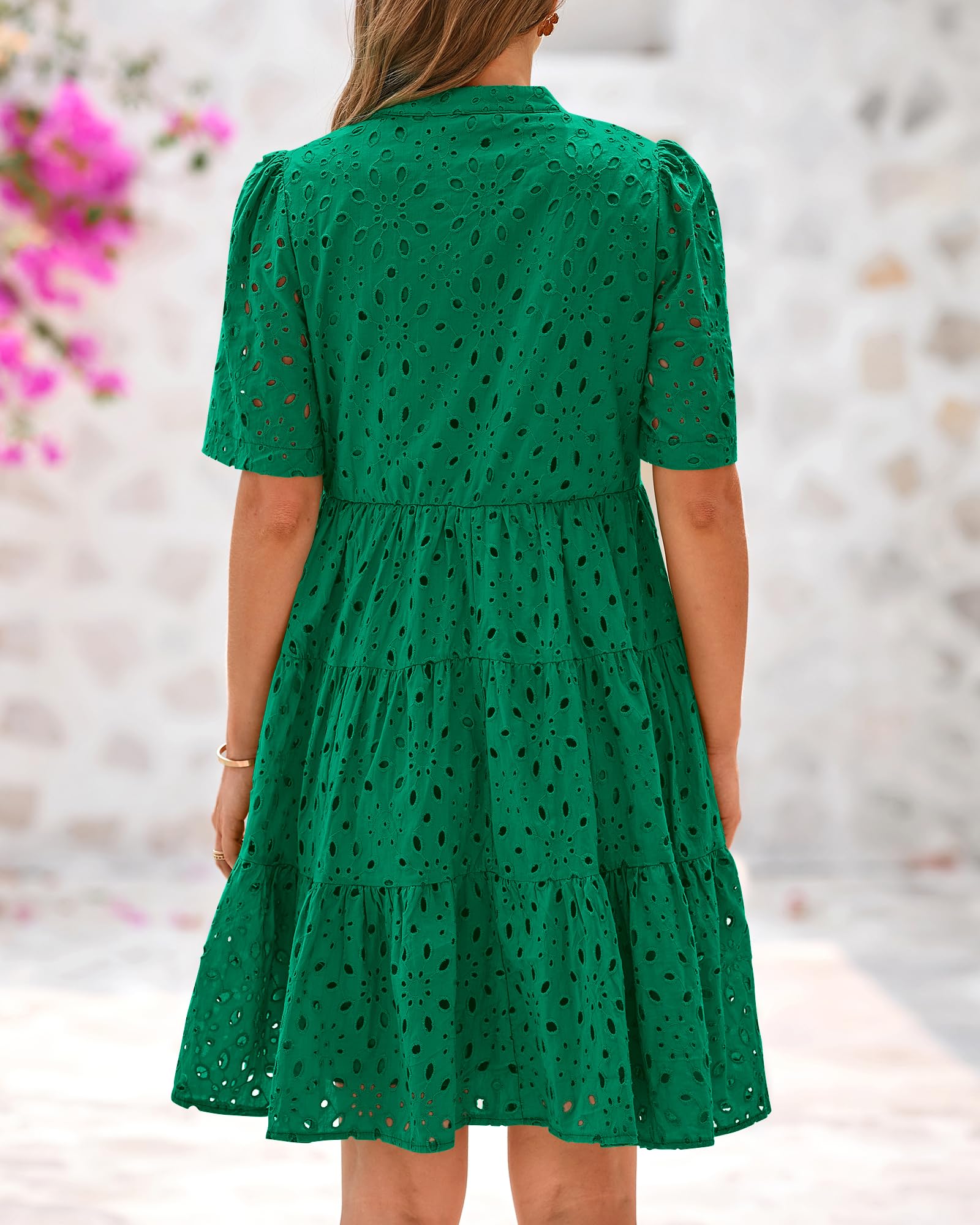 BTFBM Womens Boho Summer Dresses Spring V Neck Short Sleeve Hollow Out Lace Ruffle Casual Beach Mini Vacation Dress