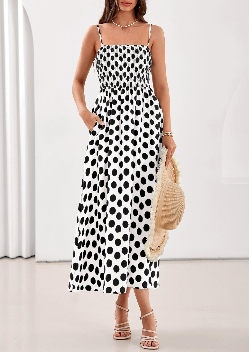 PRETTYGARDEN Womens Polka Dot Dress Summer Sleeveless Spaghetti Straps Smocked Sun Dress Flowy Spring Beach Midi Dresses
