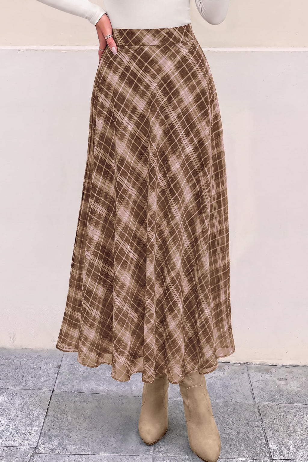 FreshPretty Casual A-Line Plaid Maxi Skirts for Women Trendy Fall Fashion Lightweight Chiffon Gingham Elastic Waist Long Skirt,Cute Winter Clothing,Spring Flowy Beach Vacation Clothes