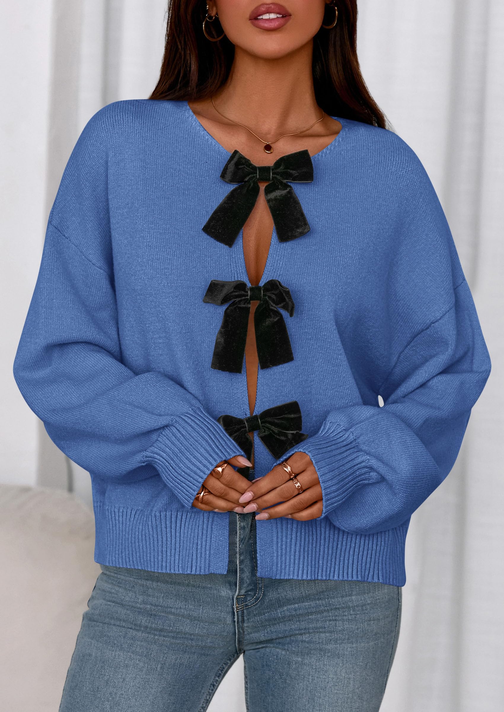 PRETTYGARDEN Cardigan Sweaters for Women Fall Fashion Bow Tie Front Long Sleeve Knit Sweater Tops Cute Winter Clothes