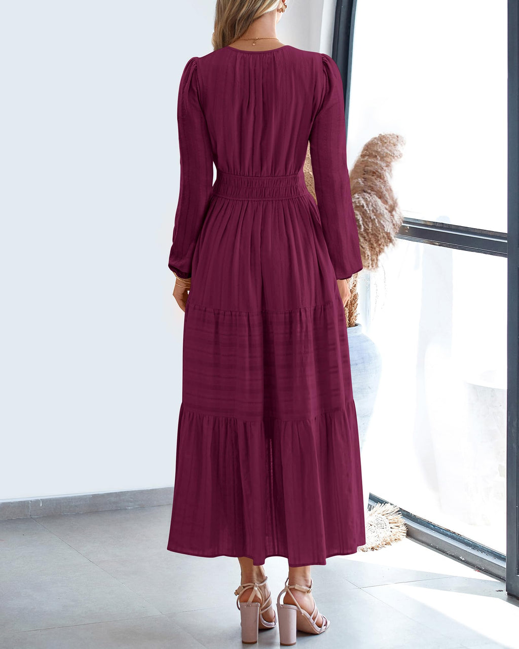 BTFBM Spring Dresses for Women 2026 Casual Long Sleeve V Neck Elastic Waist Lightweight Maxi Wedding Guest Dress Pockets