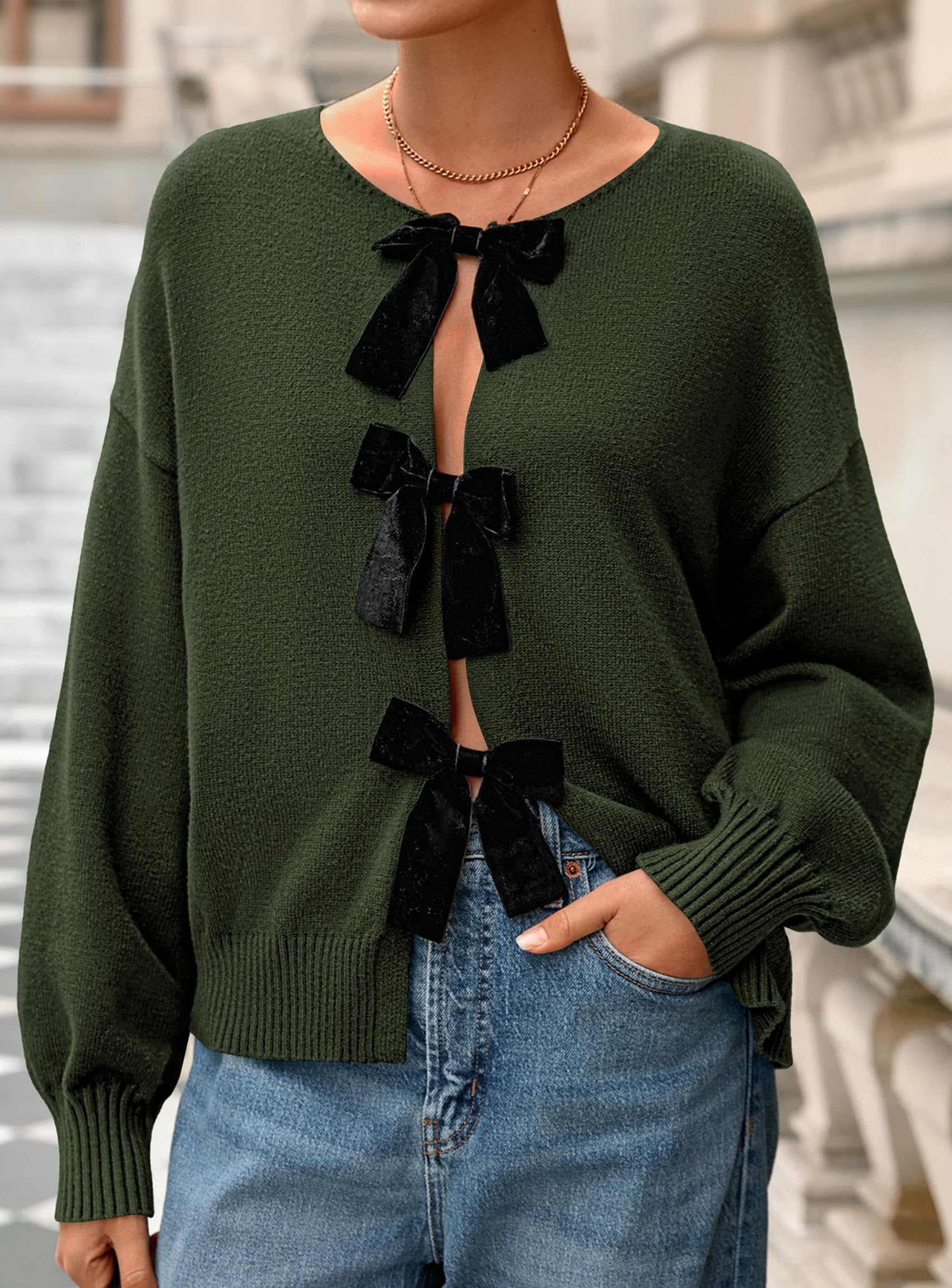 PRETTYGARDEN Cardigan Sweaters for Women Fall Fashion Bow Tie Front Long Sleeve Knit Sweater Tops Cute Winter Clothes