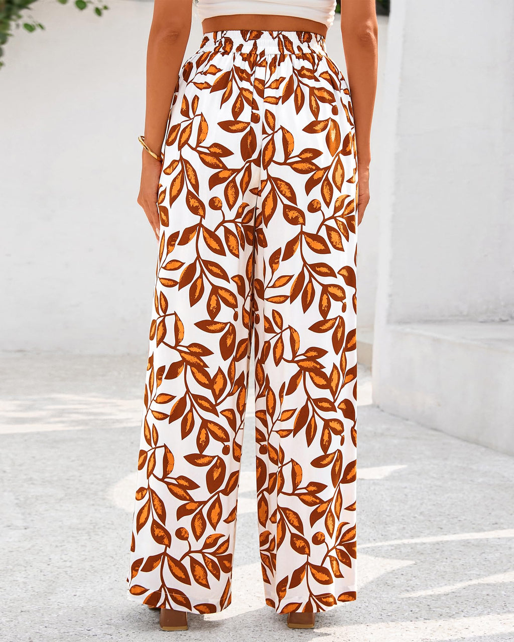 FreshPretty Womens Wide Leg Summer Pants Boho Beach Vacation Loose Elastic Waist Printed Palazzo Pant Pockets