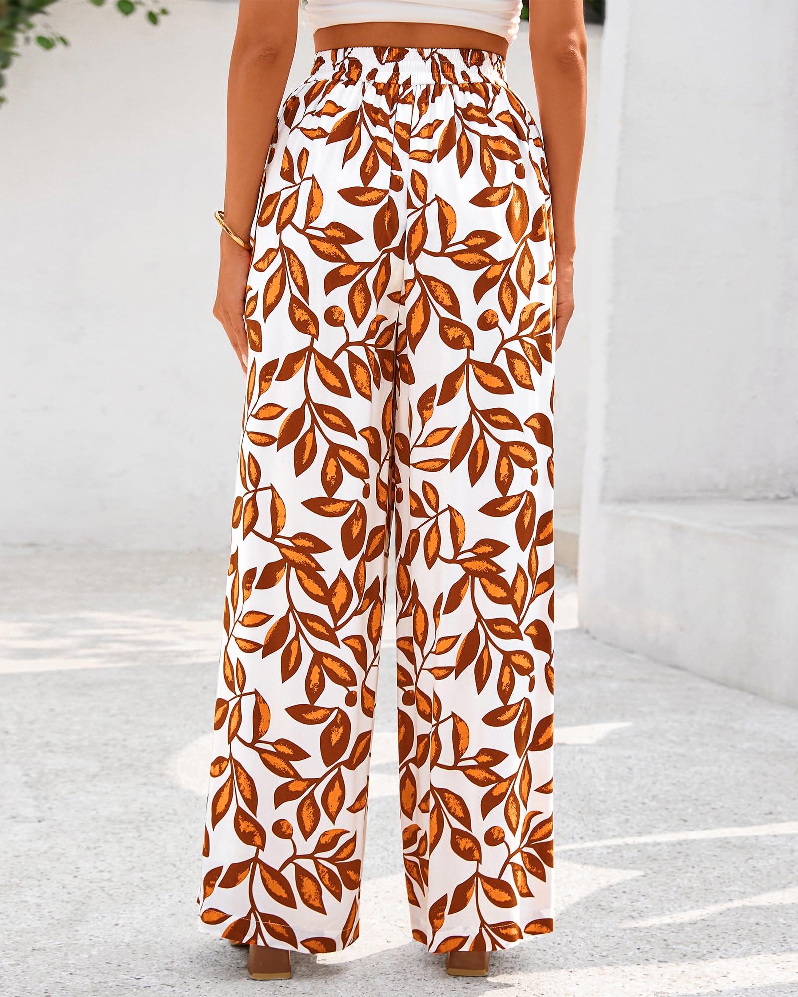 FreshPretty Womens Wide Leg Summer Pants Boho Beach Vacation Loose Elastic Waist Printed Palazzo Pant Pockets