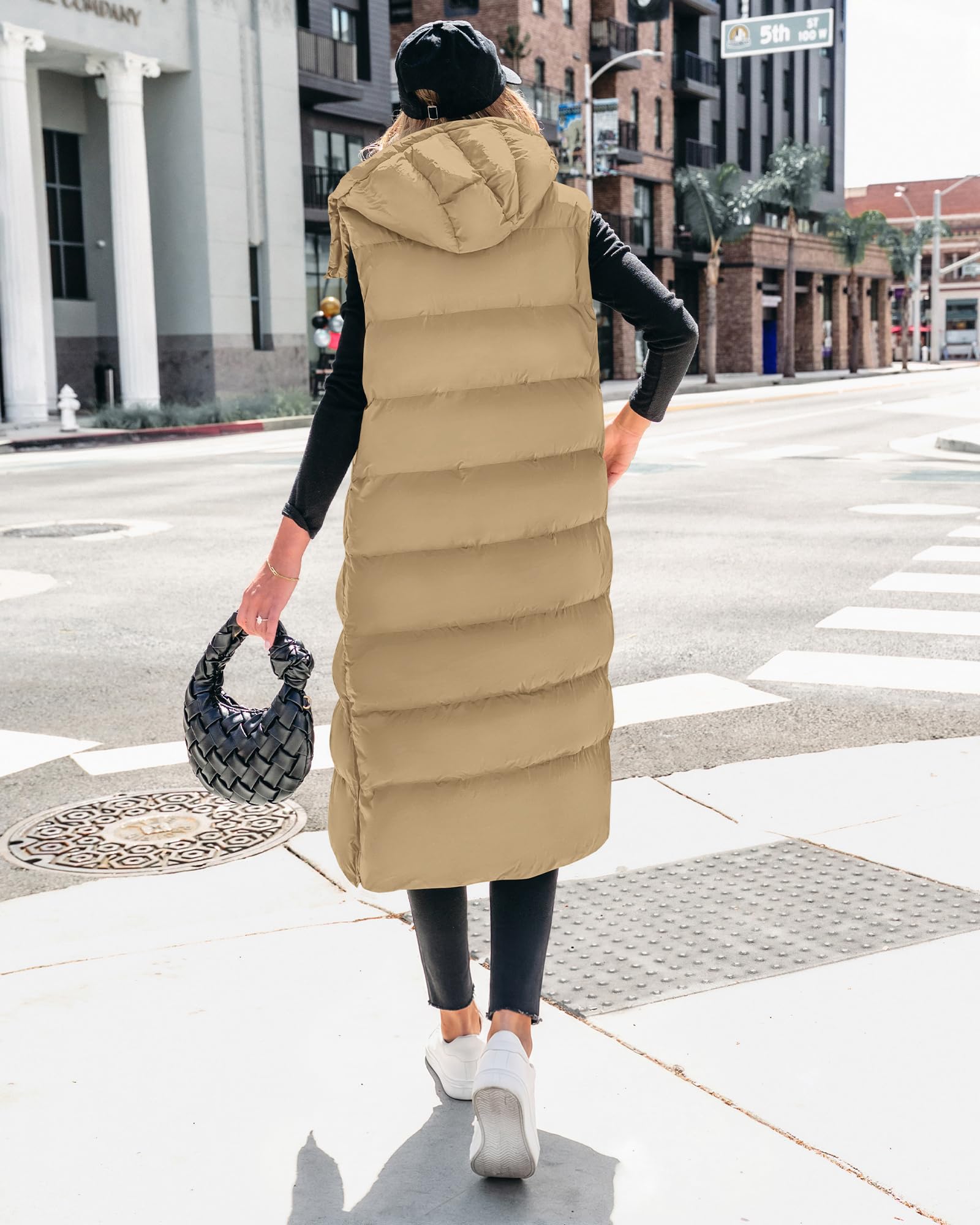 BTFBM Long Puffer Vest Women Quilted Hooded Button Down Zip Up Sleeveless Vests Outerwear Padded Jacket Fall Winter Coat