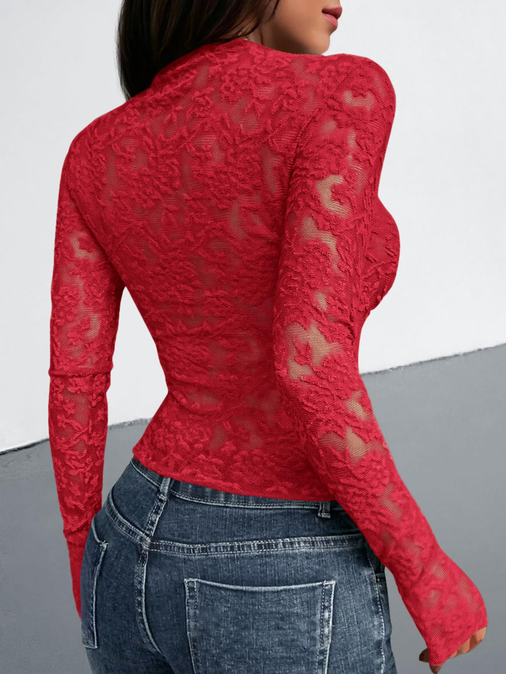BTFBM Mesh Long Sleeve Tops for Women Lace Sheer Tight See Through Crew Neck Spring Fall Party Club Outfits