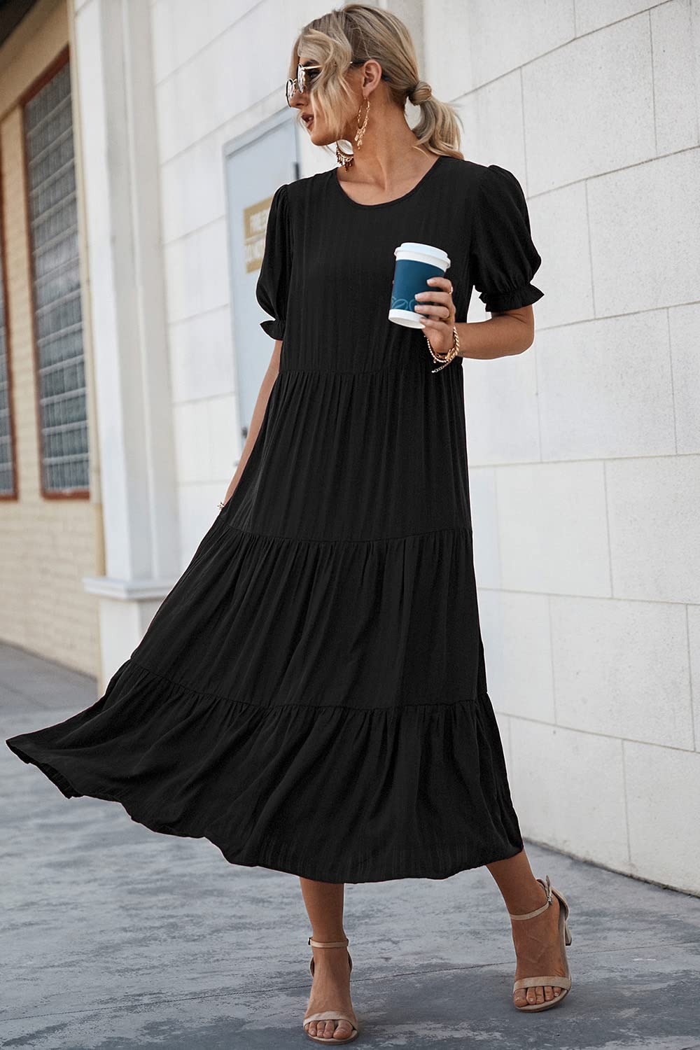 PRETTYGARDEN Summer Dresses for Women Casual Floral Boho Midi Sun Dress Puff Short Sleeve Flowy Beach Vacation Sundress
