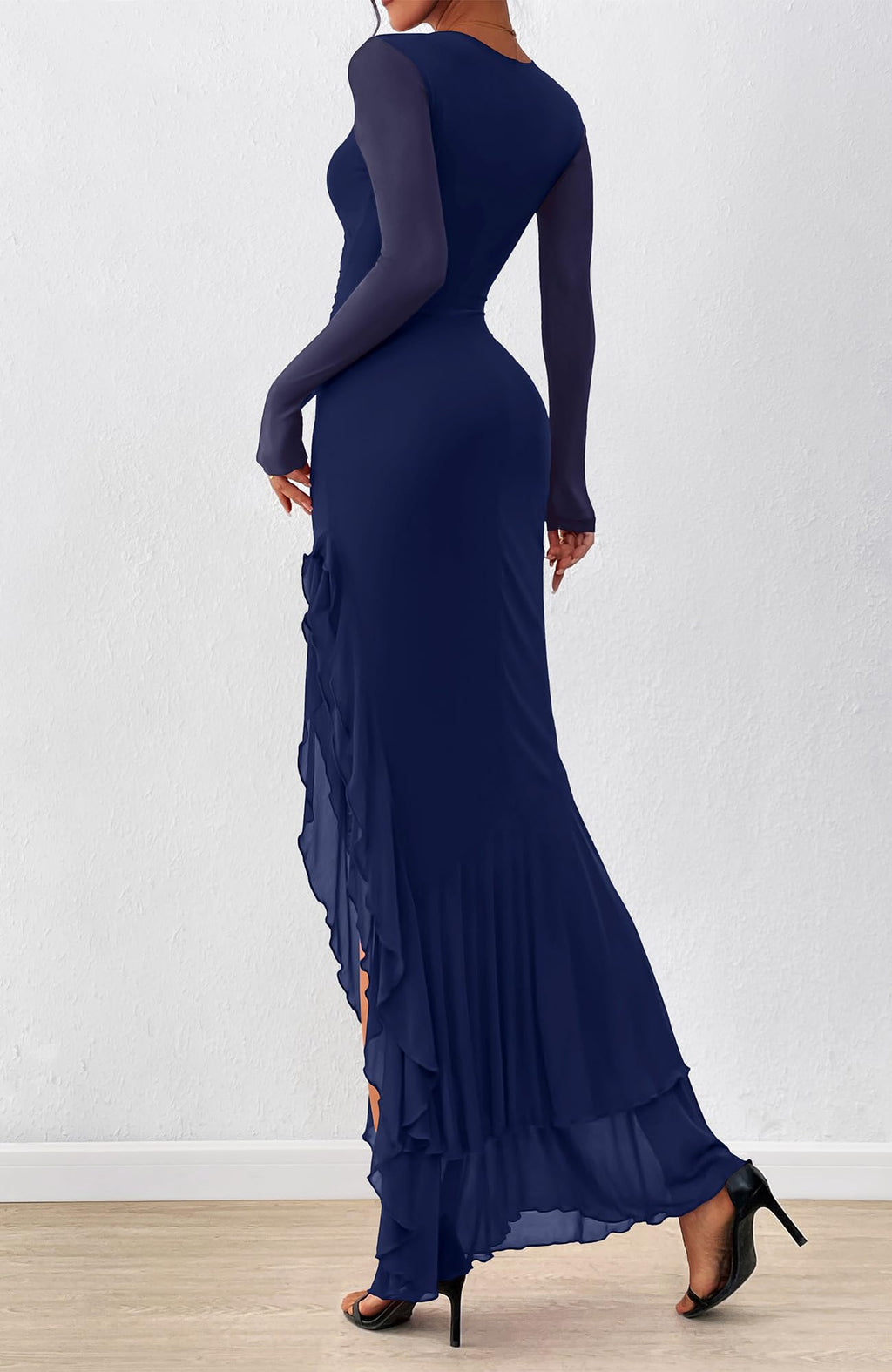 BTFBM Women's Maxi Dresses Fall Long Sleeve Wedding Guest Dress Mesh,Ruched,Bodycon,High Split,Solid Color,Ruffle, Mermaid,Cocktail Dresses,Prom,Party,Homecoming Dress,Fall Outfits