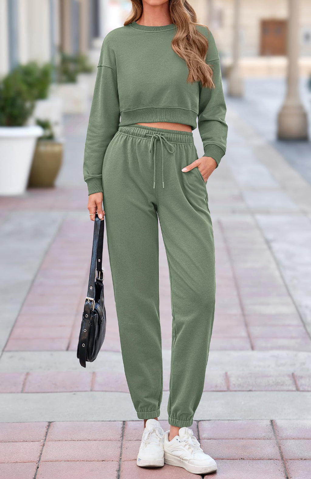 BTFBM Women 2 Piece Outfits Long Sleeve Crop Top Pullover Drawstring Pant Jogger Set Casual Sweatsuits Tracksuit Pockets