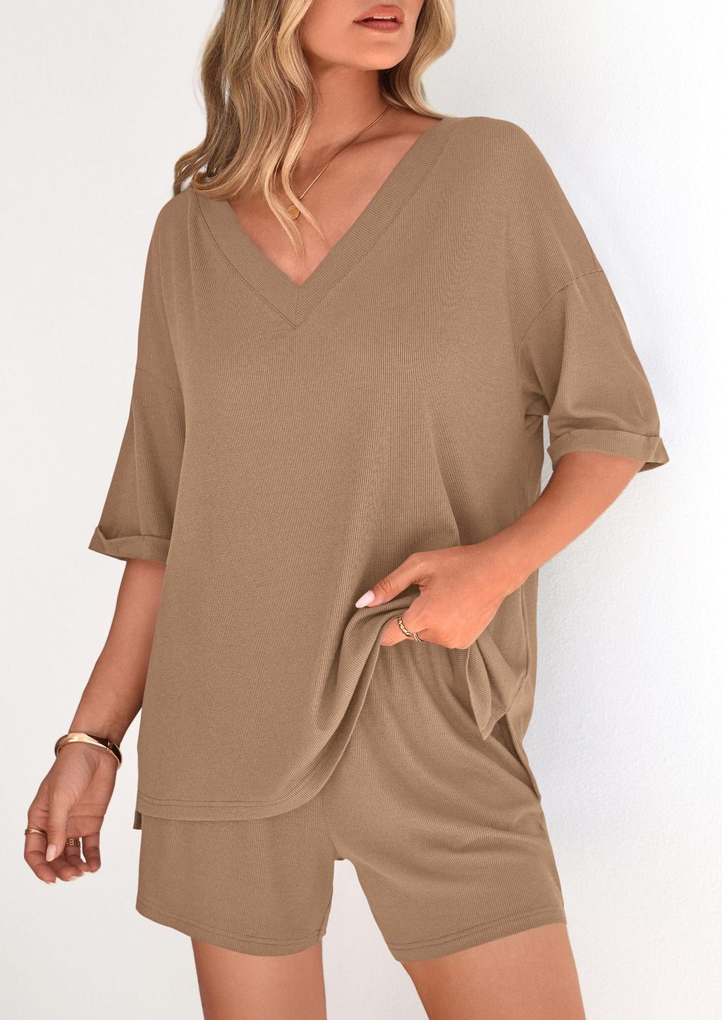 PRETTYGARDEN Womens 2 Piece Sets Summer Oversized Vneck Half Sleeve Tops Shorts Lounge Set Casual Travel Airport Outfits
