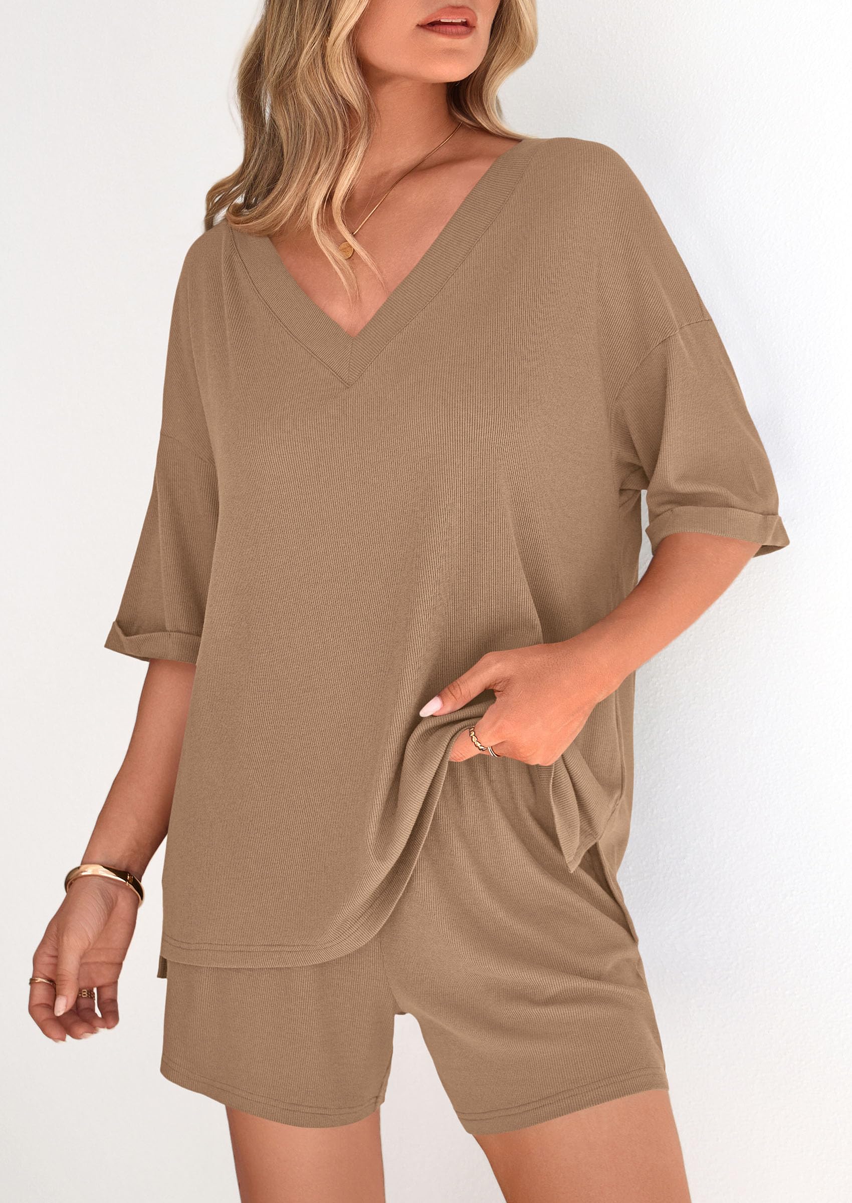 PRETTYGARDEN Womens 2 Piece Sets Summer Oversized Vneck Half Sleeve Tops Shorts Lounge Set Casual Travel Airport Outfits