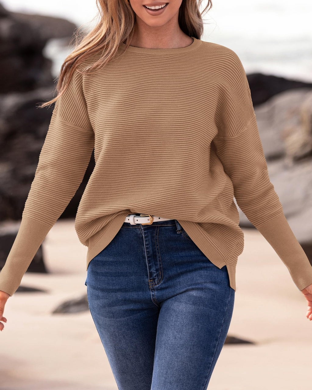 FreshPrettyFall Sweaters for Women Casual Long Sleeve Sweater Striped Loose Fit Pullover Tops