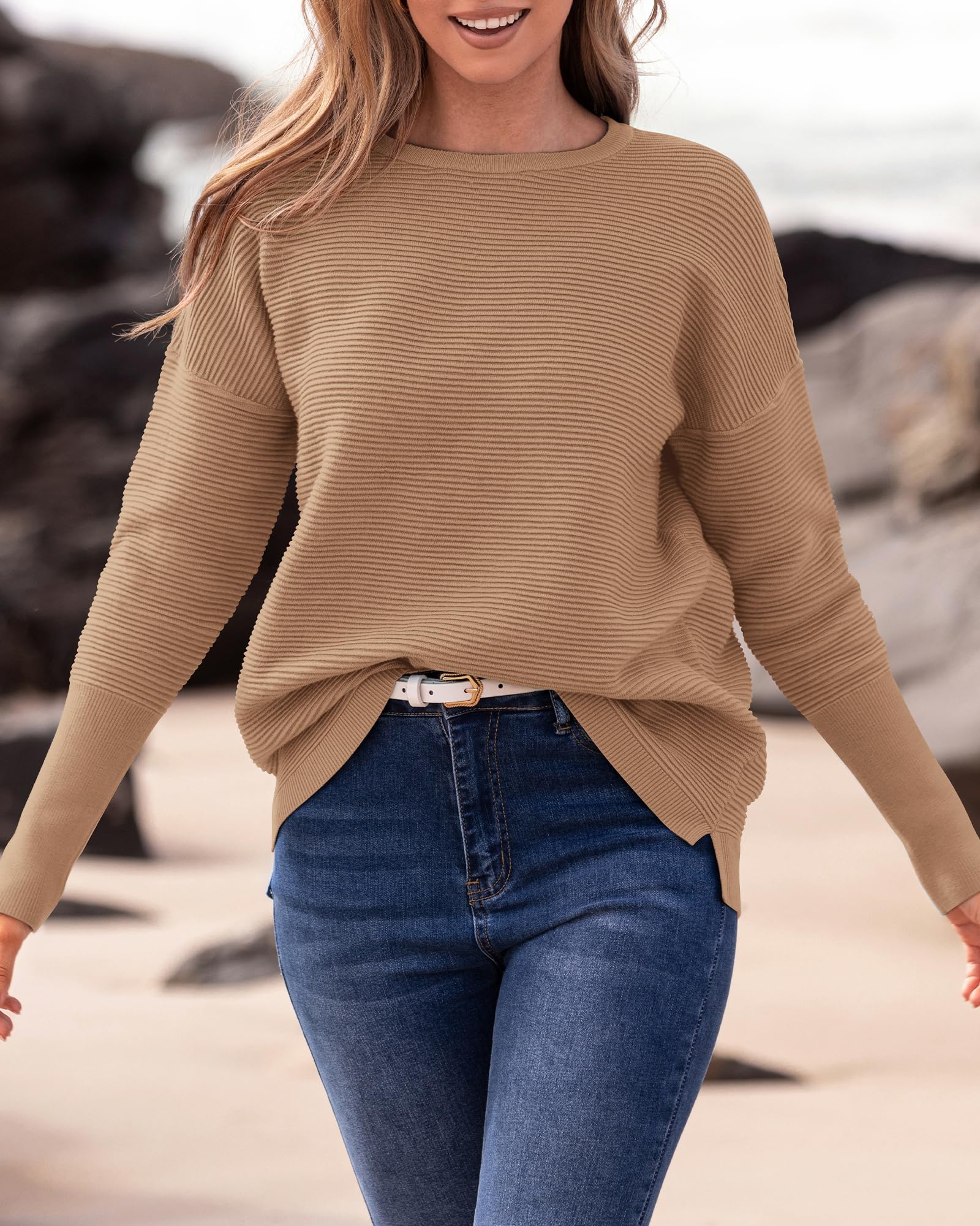 FreshPrettyFall Sweaters for Women Casual Long Sleeve Sweater Striped Loose Fit Pullover Tops