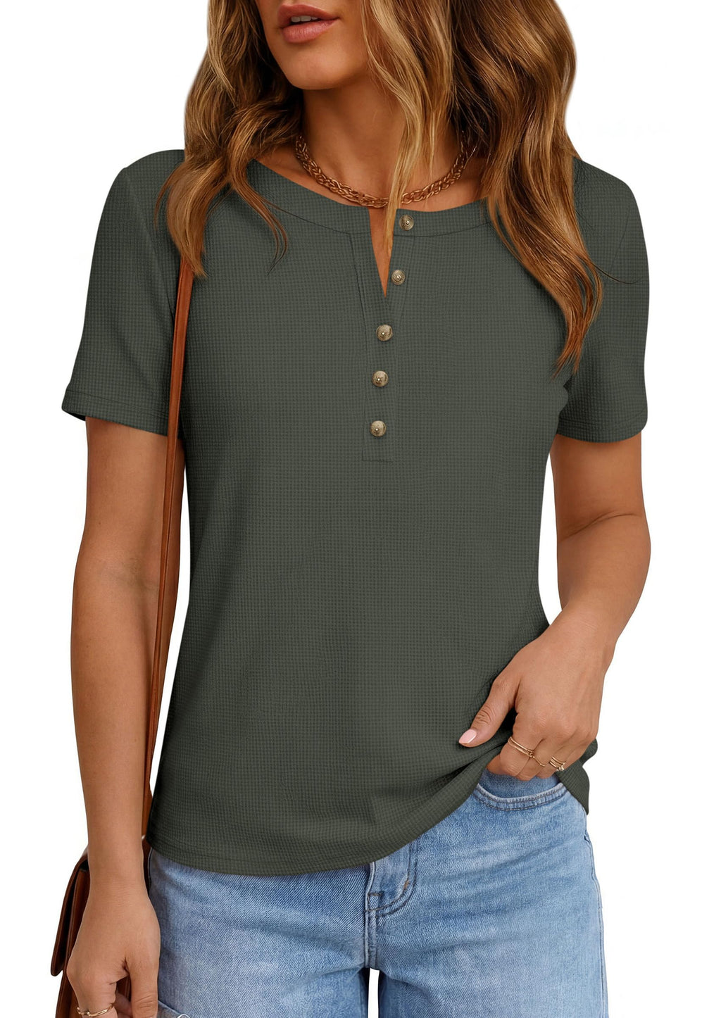 PRETTYGARDEN Waffle Knit Tops for Women Short Sleeve Henley Shirts  Summer Blouses Dressy Casual Spring Fashion Clothes