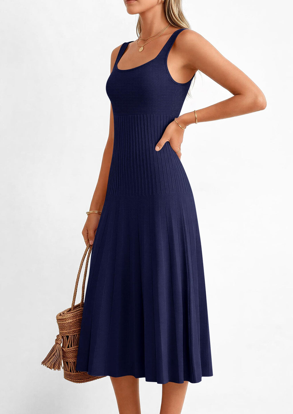 PRETTYGARDEN Spring Dresses for Women Summer Casual Sleeveless Square Neck A Line Knit Pleated Midi Cocktail Party Dress