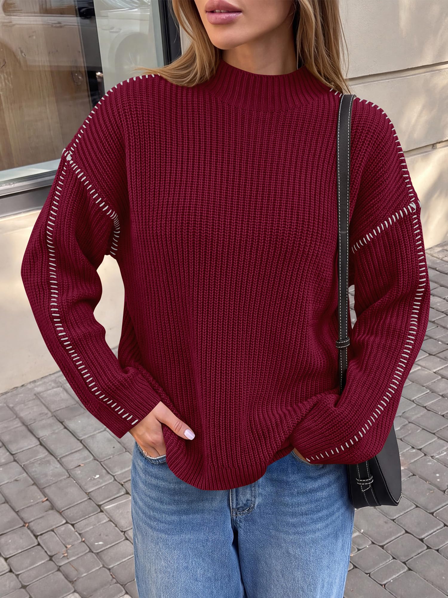 "BTFBM Womens Oversized Sweaters Contrast Chunky Knit Sweater Loose Fit Mock Neck Long Sleeve Tops, Soft Cozy Knitwear, Fall Fashion 2026, Casual Winter Clothing, Daily Going Out Outfits"
