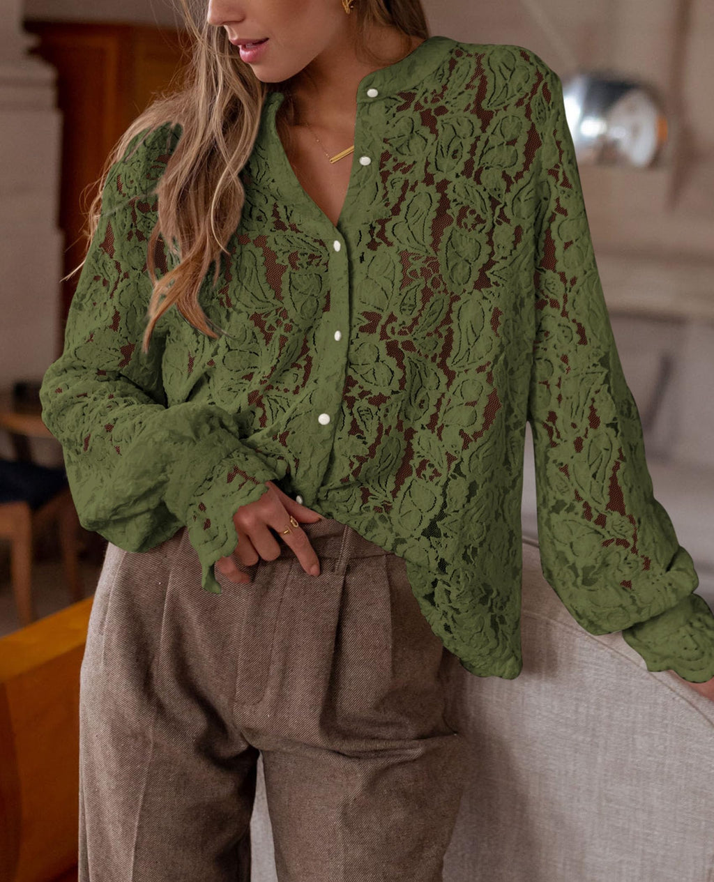 PRETTYGARDEN Women's Dressy Casual Lace Blouse Long Sleeve Button Up Shirts Tops Spring Fall Fashion Clothes