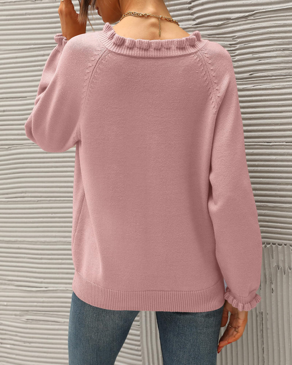 FreshPretty Womens Sweaters Fall Winter Clothes Long Sleeve Button Down Ruffle Crew Neck Casual Knitted Pullover Tops