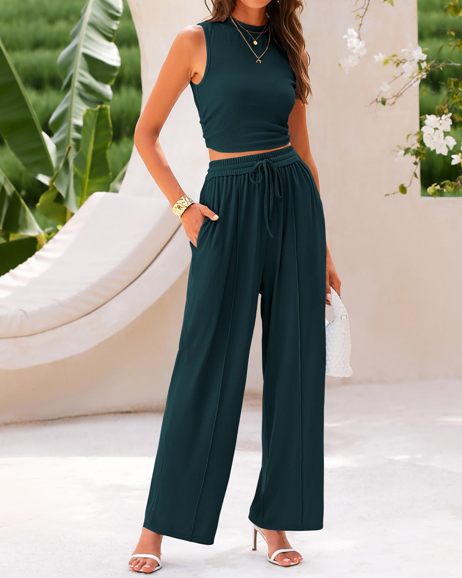 BTFBM Summer Outfits For Women Cropped Sleeveless Tank Tops Wide Leg Pants 2 Piece Sets Beach Lounge Set Clothing