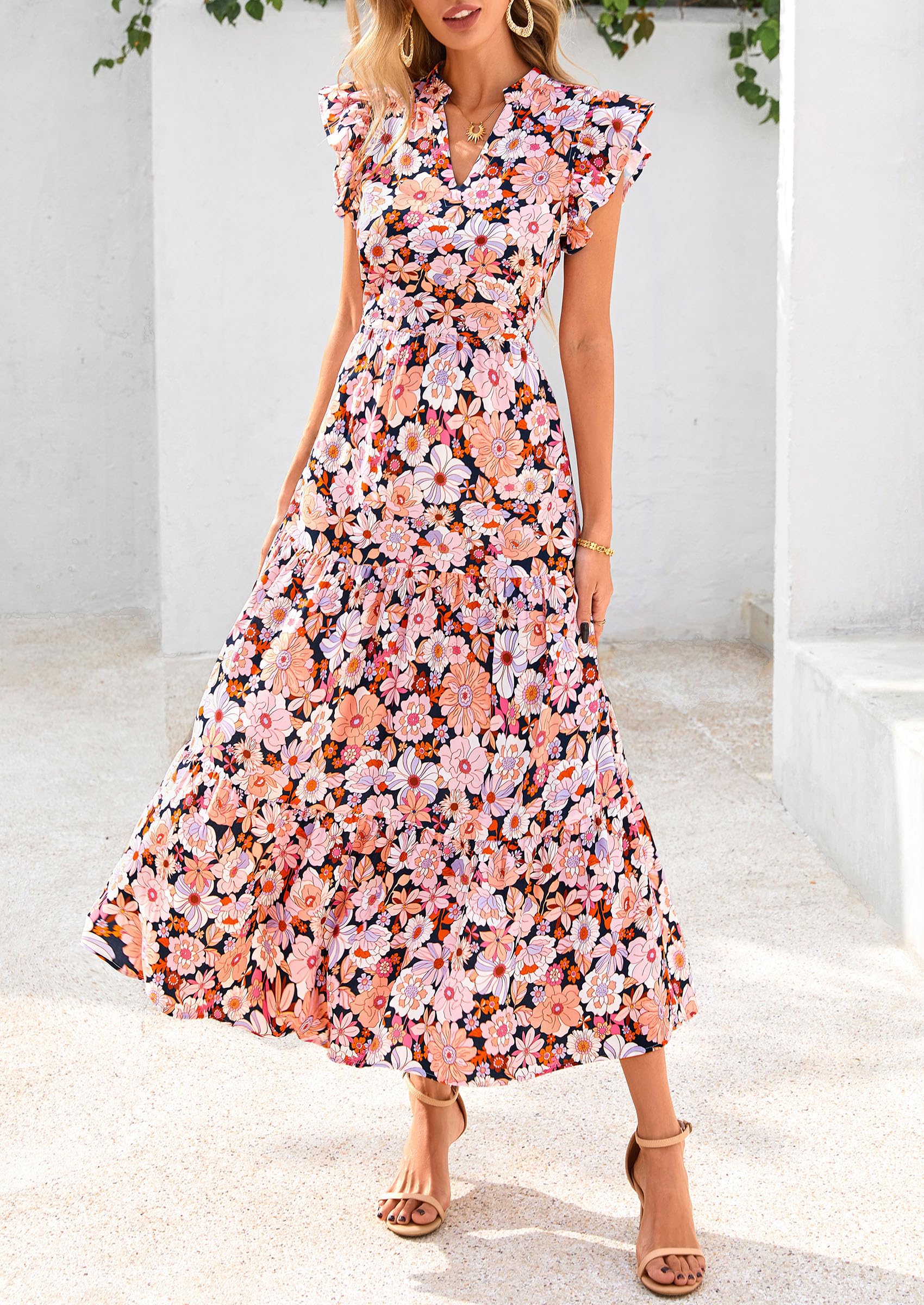 Visit the PRETTYGARDEN Store PRETTYGARDEN Women's Summer Floral Midi Dress Cap Sleeve V Neck Ruffle Long Flowy Boho Casual Beach Vacation Dresses