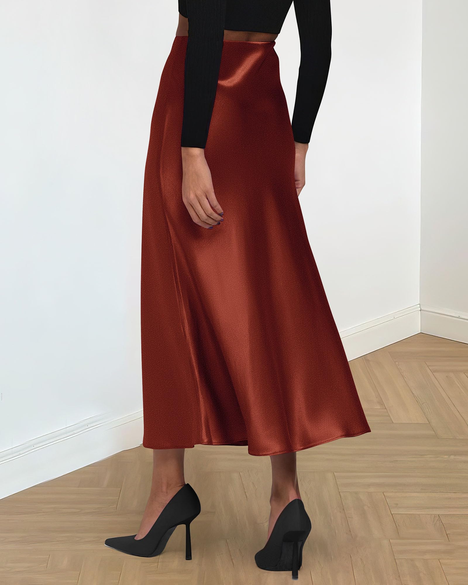 BTFBM Summer Womens Skirts Silk Elegant High Waist Flowy Long Satin A-Line Midi Skirt Cocktail Wedding Party