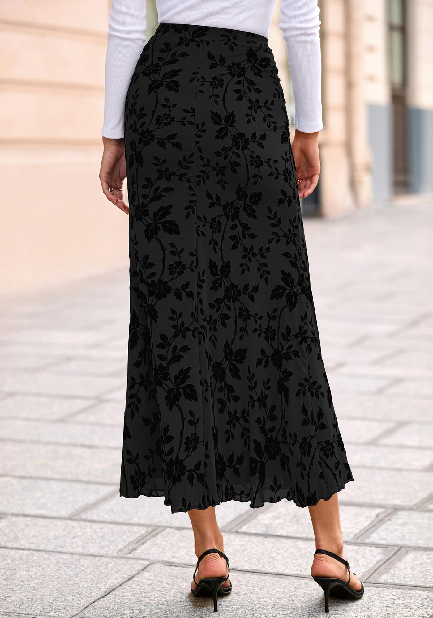BTFBM Womens Floral Mesh Maxi Skirt Spring Summer Elastic High Waisted Boho Elegant Mermaid Long Skirts for Women