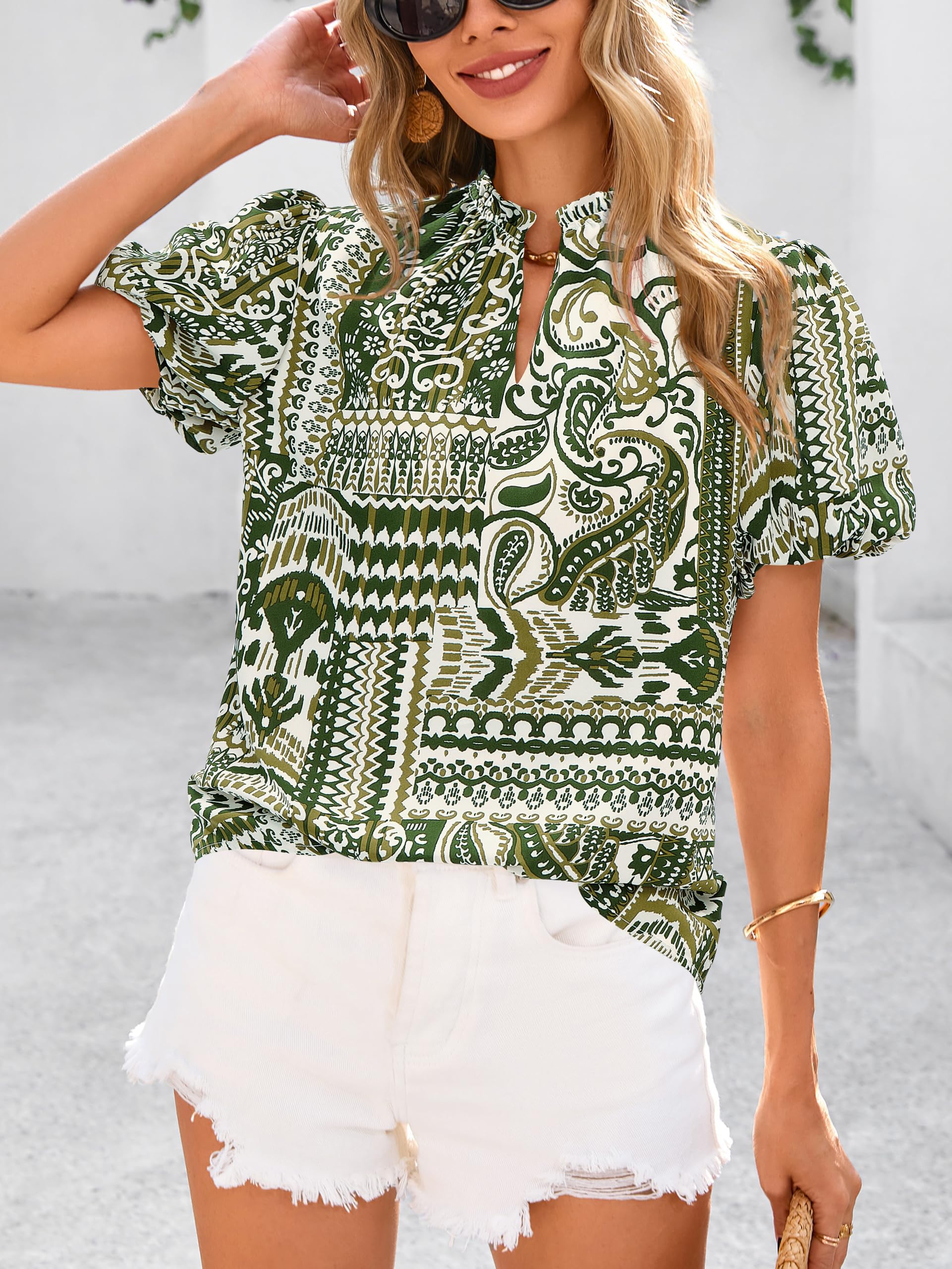 PRETTYGARDEN Boho Short Sleeve Floral Work Blouses for Women Dressy Casual V Neck Puff Sleeve Loose Chiffon Flowy Tops Shirts