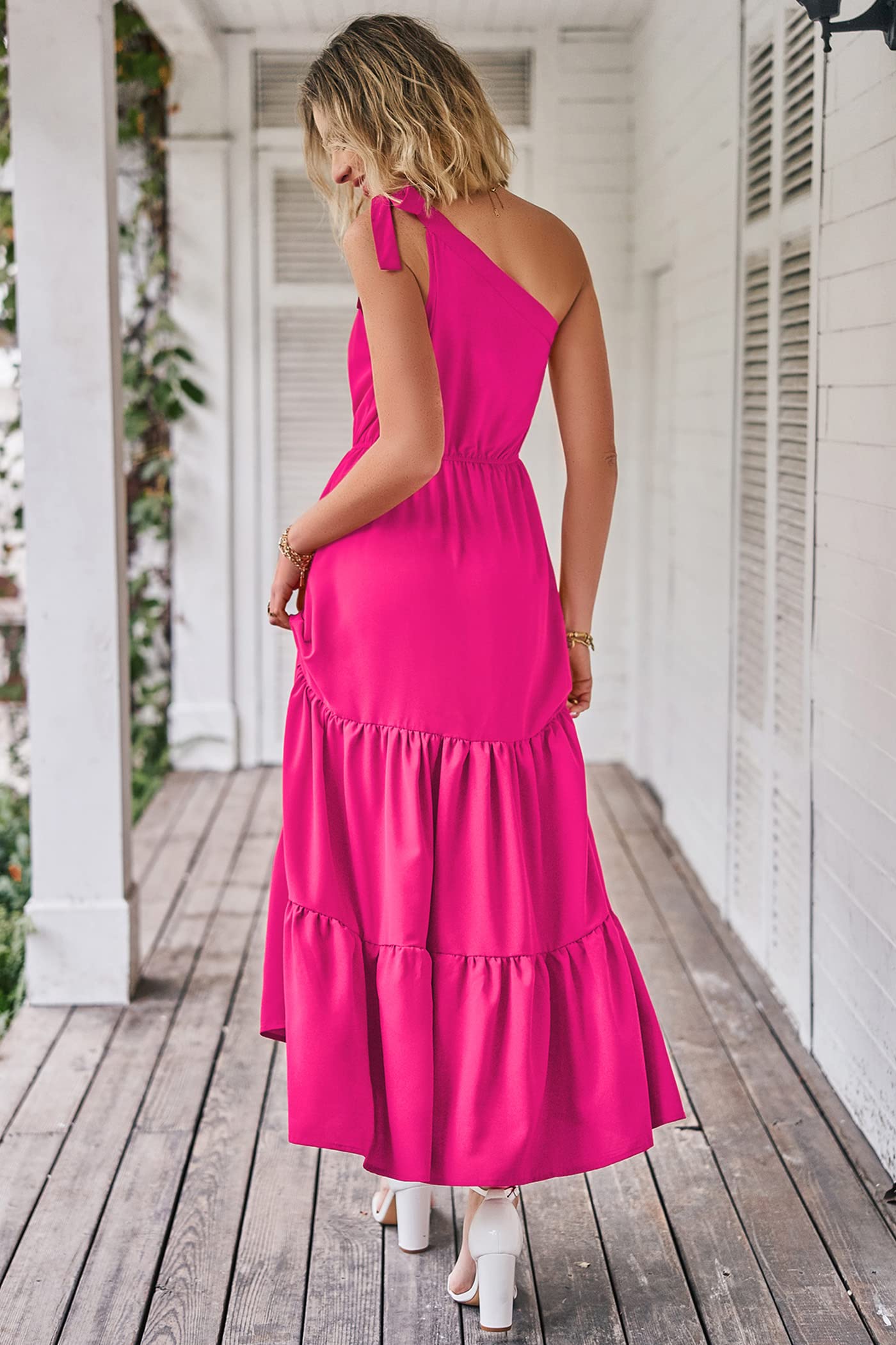 PRETTYGARDEN Women's Summer Floral One Shoulder Maxi Dress Knot Ruffle Boho Beach Vacation Wedding Guest Long Sun Dresses