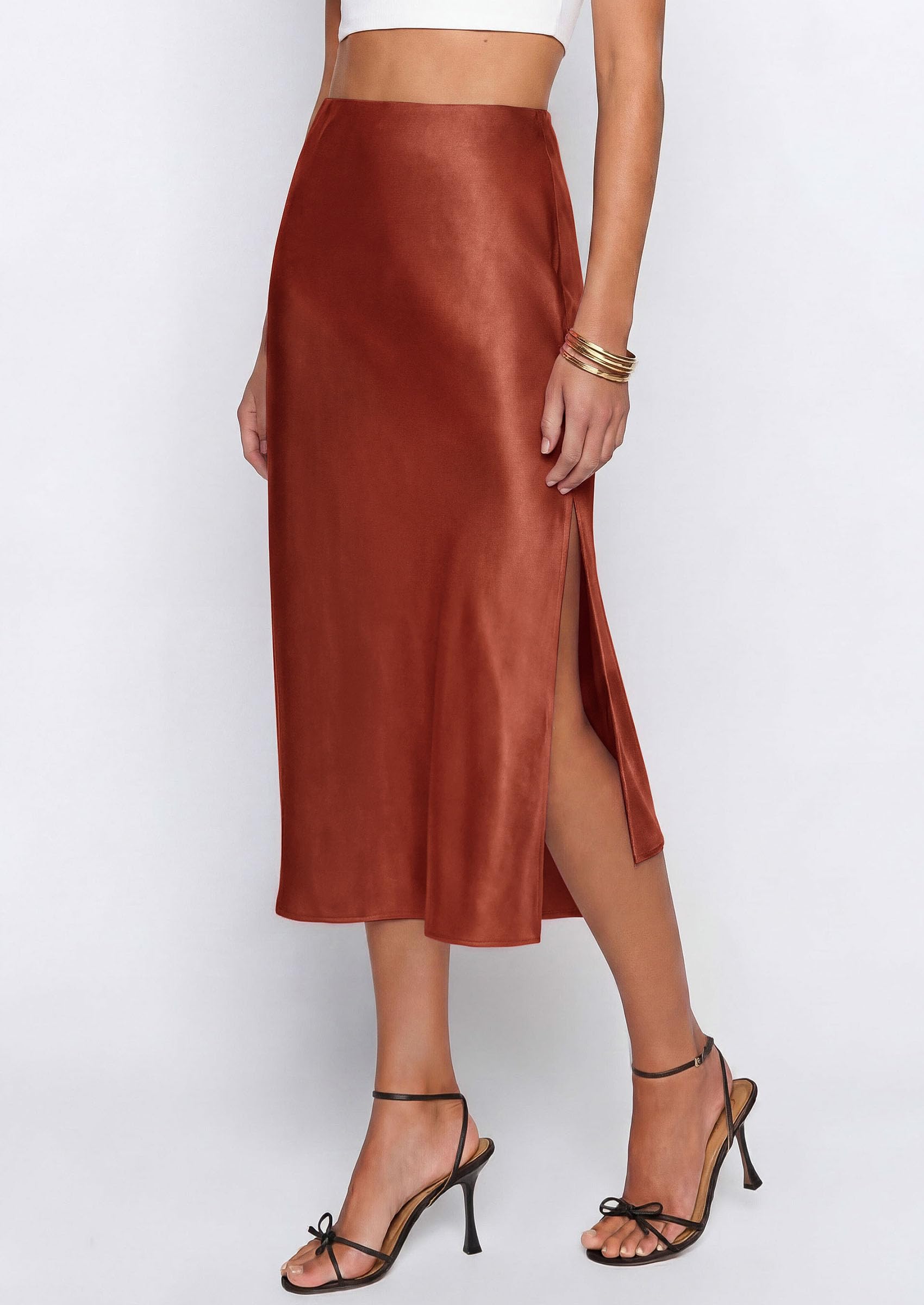 PRETTYGARDEN Womens Satin Skirt Summer Silk Business Casual High Waisted A Line Flowy Work Wedding Cocktail Midi Skirts