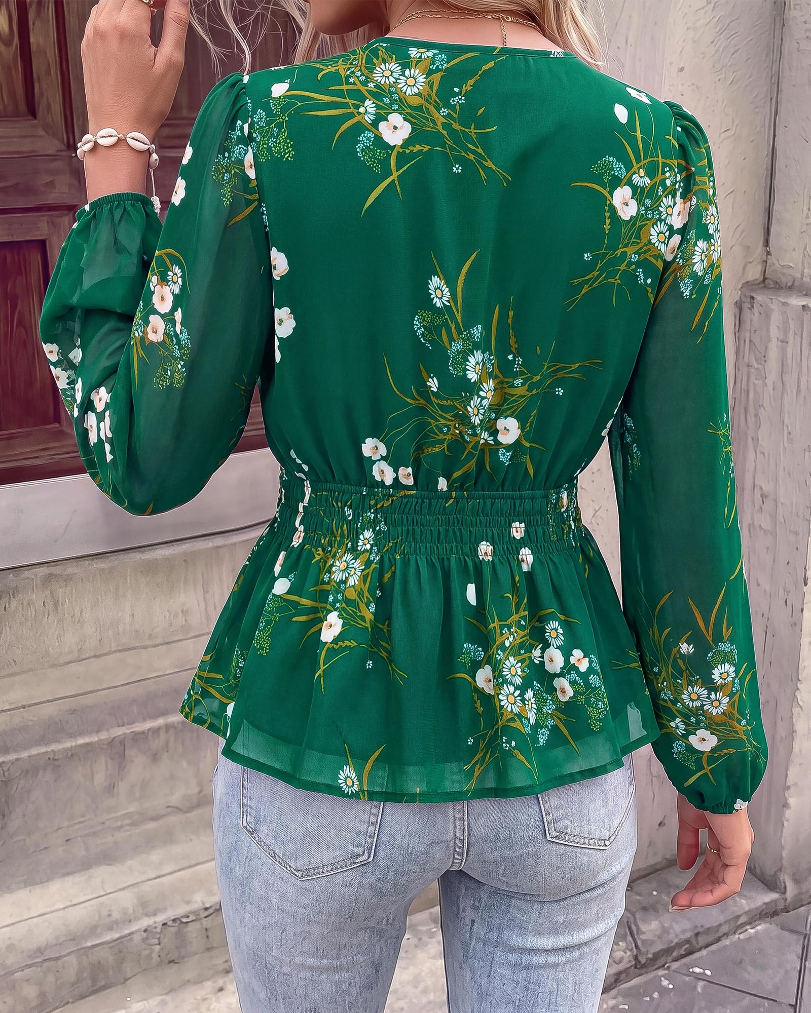BTFBM Womens Tops Dressy Casual Floral V Neck Long Sleeve Chiffon Shirts | Chiffon Lantern Sleeve Flowy Peplum Sheer Top,Elastic Waist Babydoll Blouses,Boho Vacation Outfits,Fall Fashion Clothing
