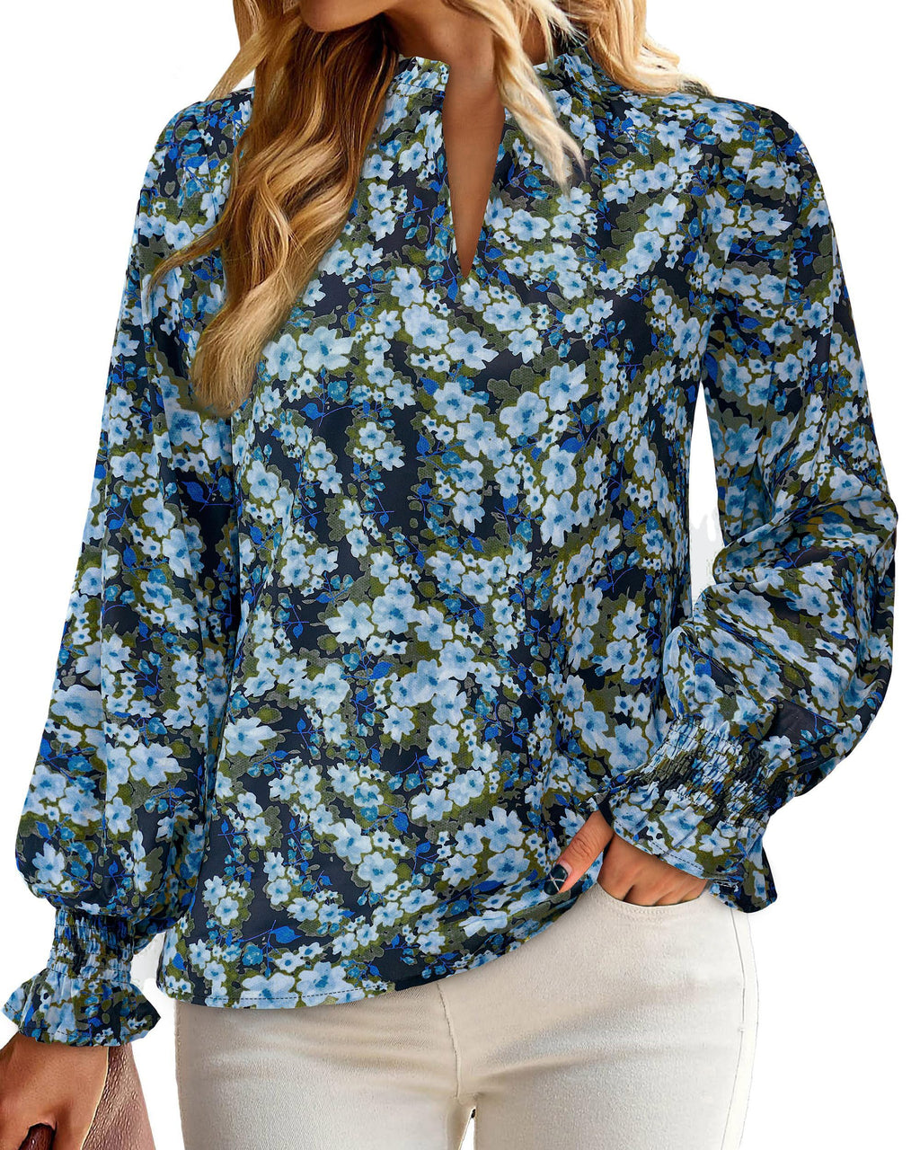 FreshPretty Womens V Neck Floral Long Sleeve Tops Summer Casual Loose Puff Sleeve Chiffon Boho Work Blouse Dressy T Shirts
