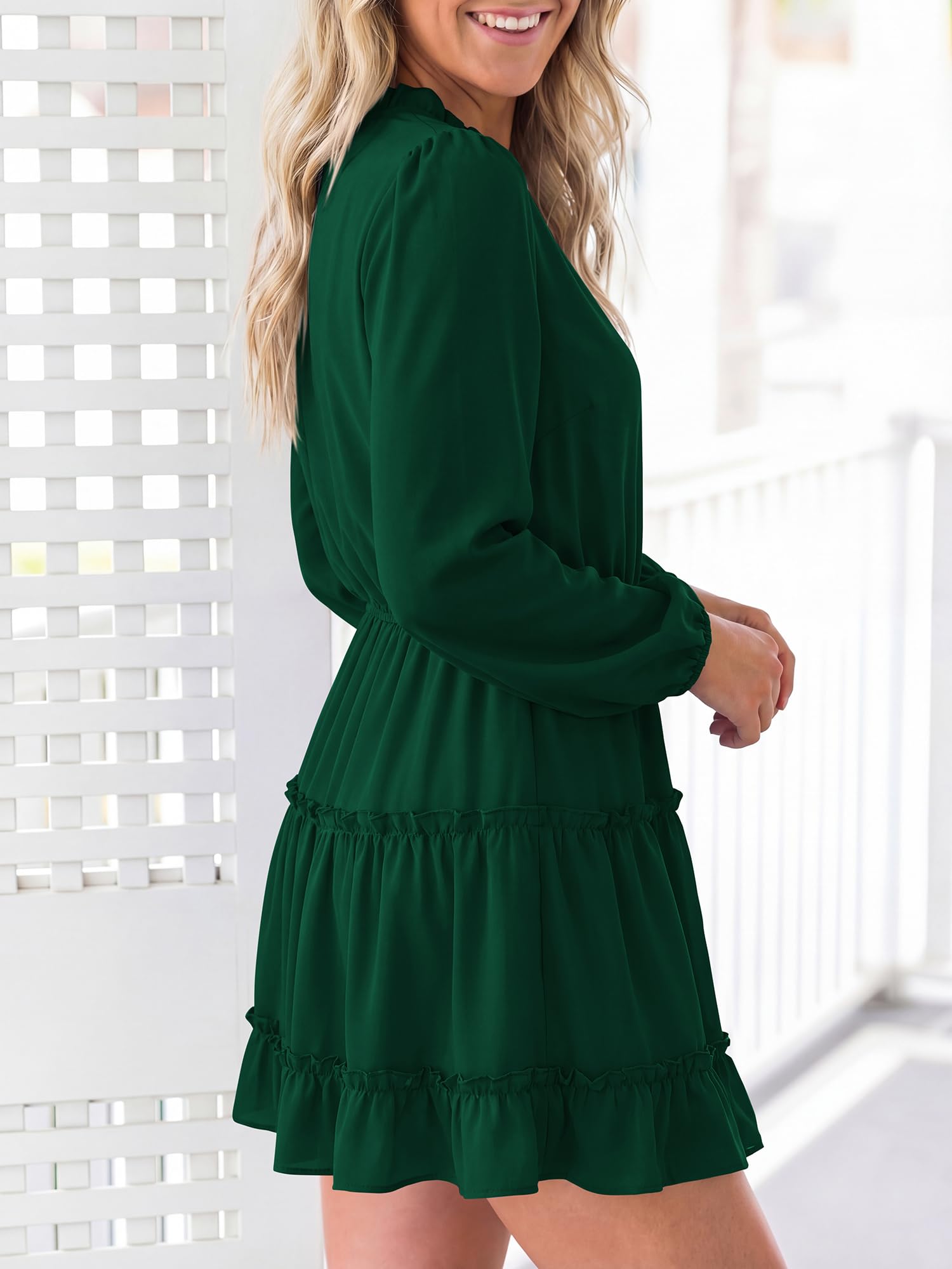 BTFBM Long Sleeve Summer Dresses for Women Casual Tie Neck Ruffle Tiered A Line Mini Spring Wedding Guest Dress