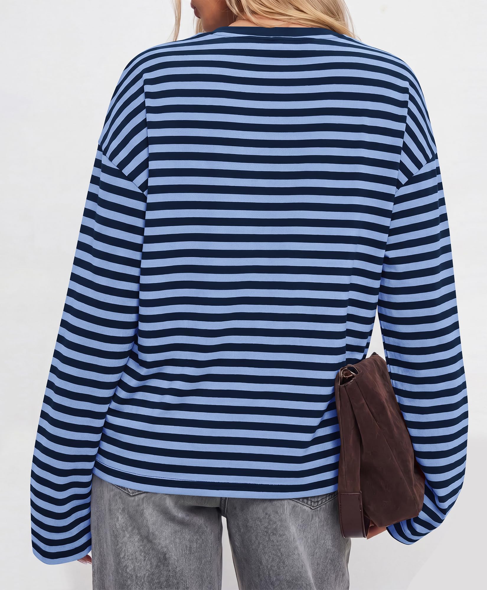 BTFBM Womens Long Sleeve Tops Fall Fashion | Lightweight, Crew Neck, Oversized Striped Shirt Women, Y2k Clothes, Vacation Travel Outfits, Going Out Top, Winter Layering