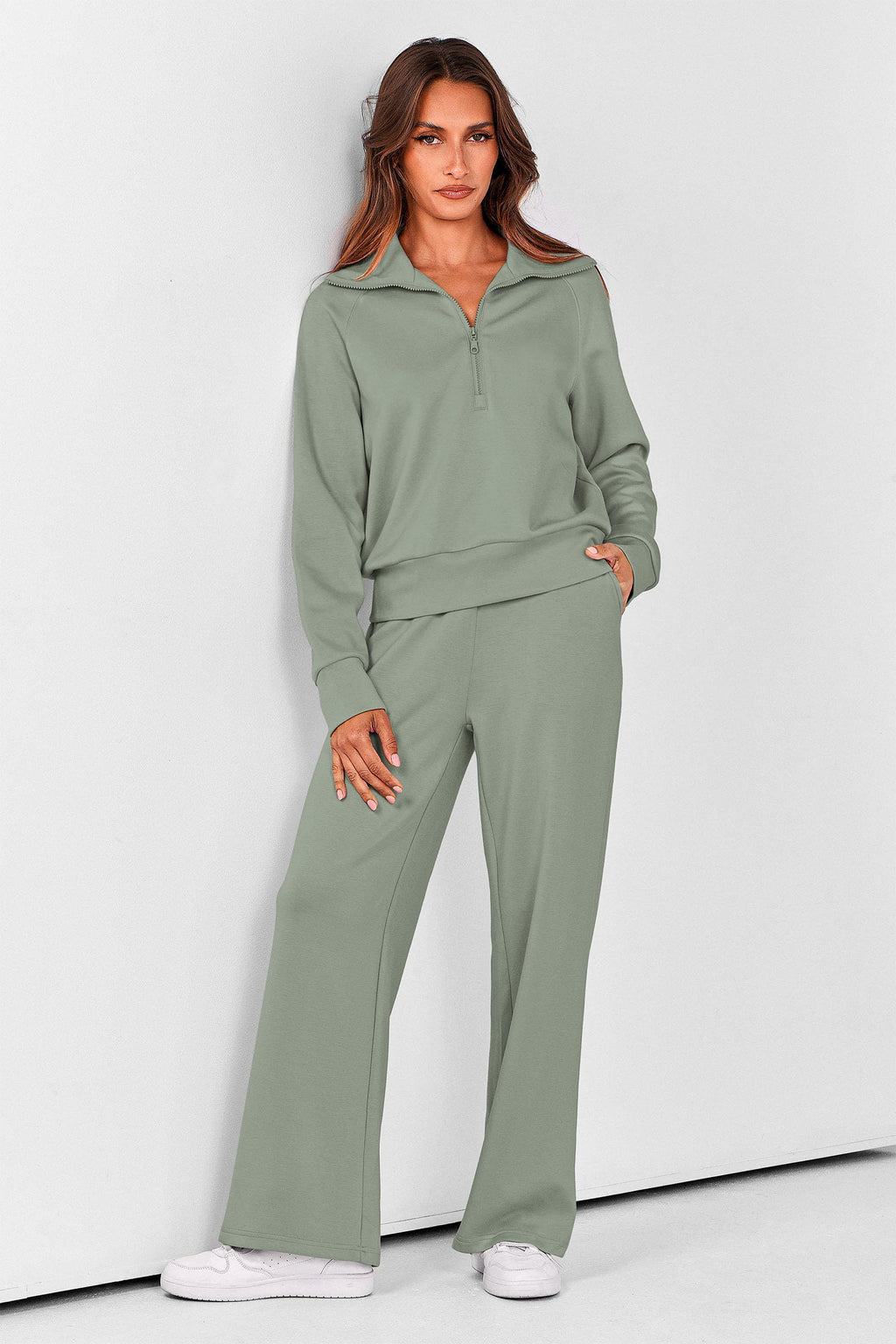 PRETTYGARDEN Women's 2 Piece Outfits Casual Lapel Half Zip Sweatshirts and Wide Leg Pants Tracksuit Sets