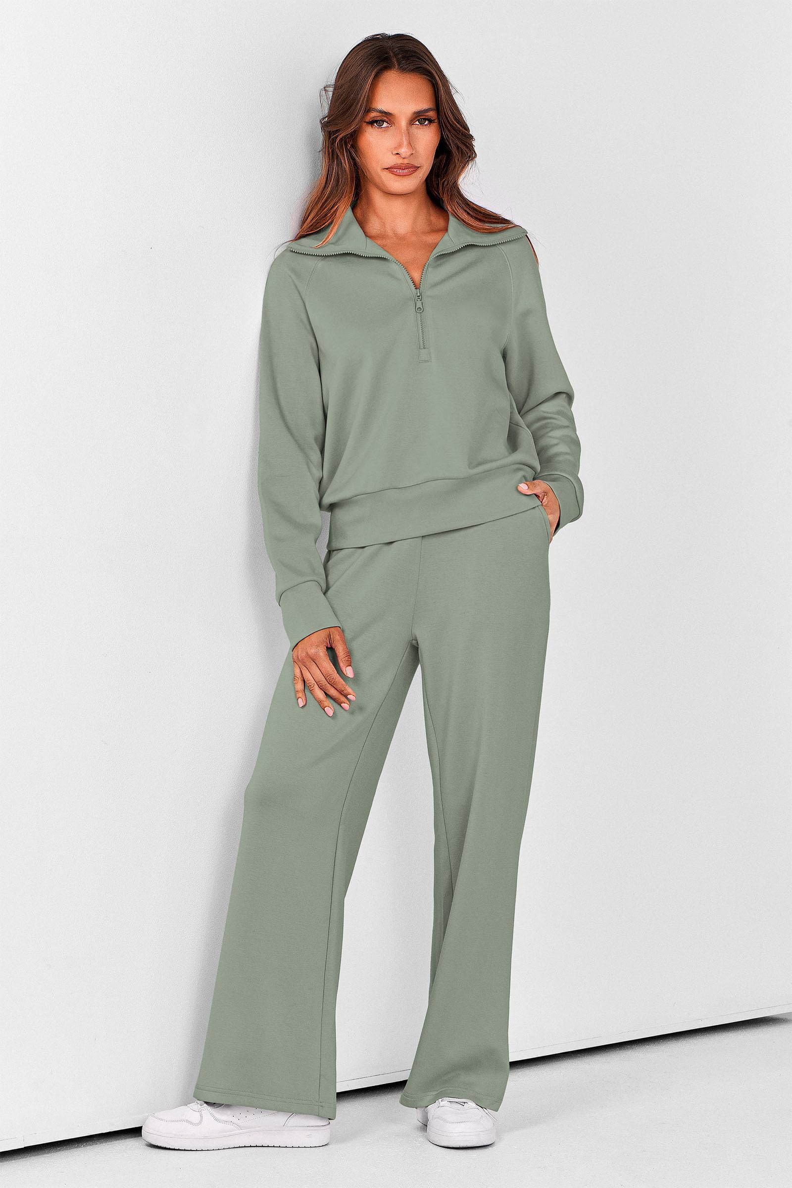 PRETTYGARDEN Women's 2 Piece Outfits Casual Lapel Half Zip Sweatshirts and Wide Leg Pants Tracksuit Sets