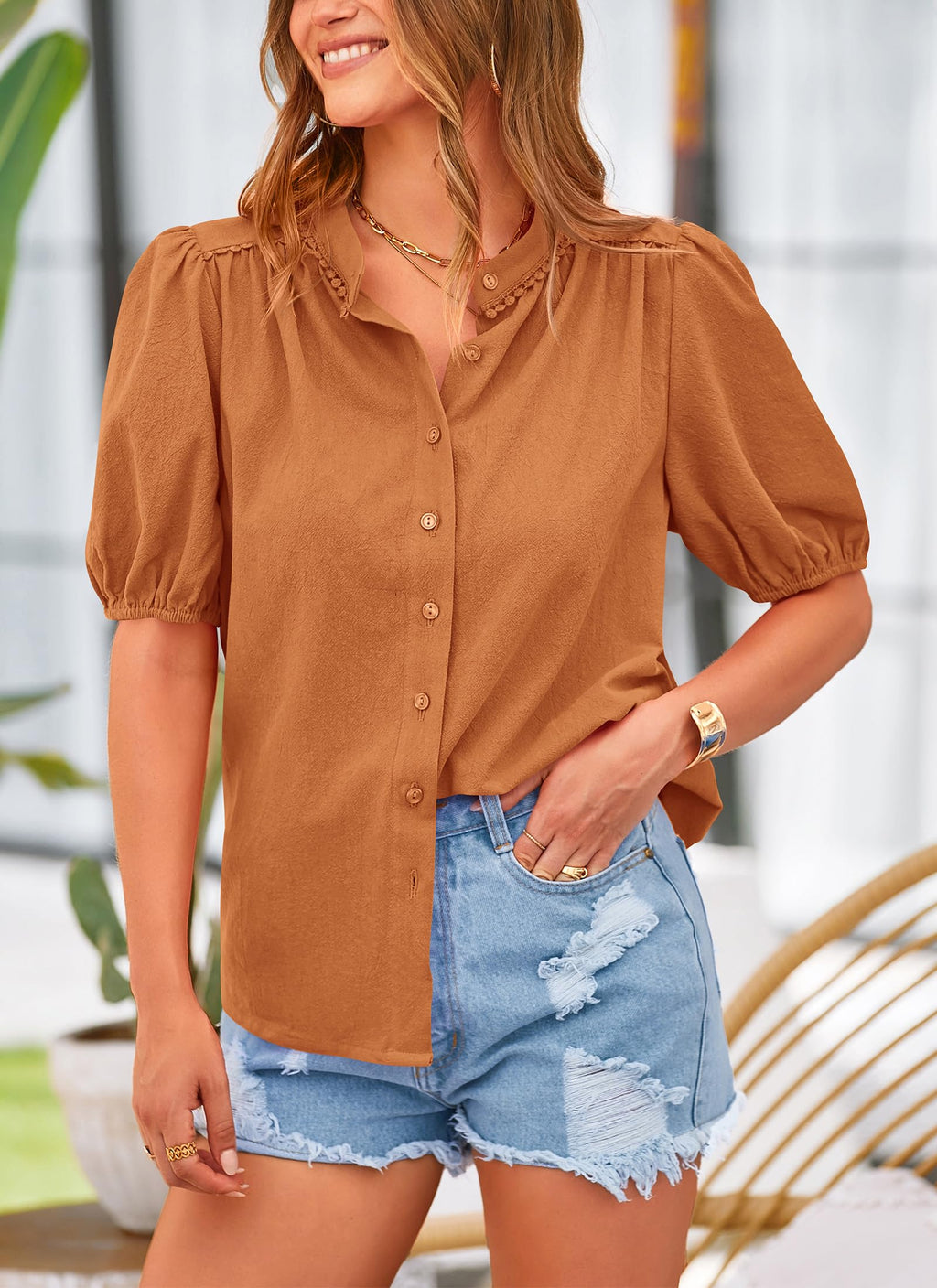 PRETTYGARDEN Women's Summer Button Down Shirts Short Lantern Sleeve V Neck Cotton Cute Dressy Casual Ladies Tops Blouses