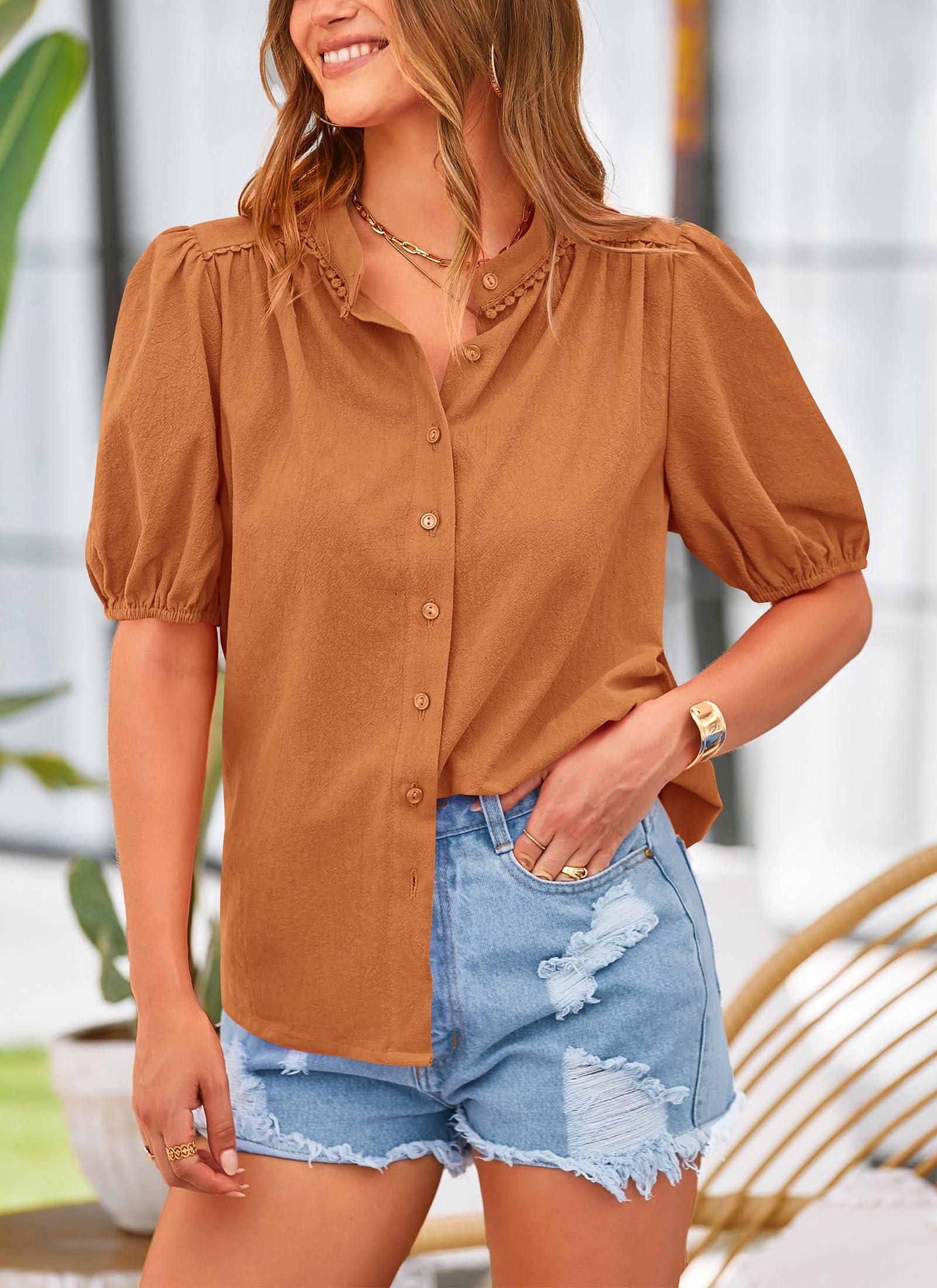 PRETTYGARDEN Women's Summer Button Down Shirts Short Lantern Sleeve V Neck Cotton Cute Dressy Casual Ladies Tops Blouses