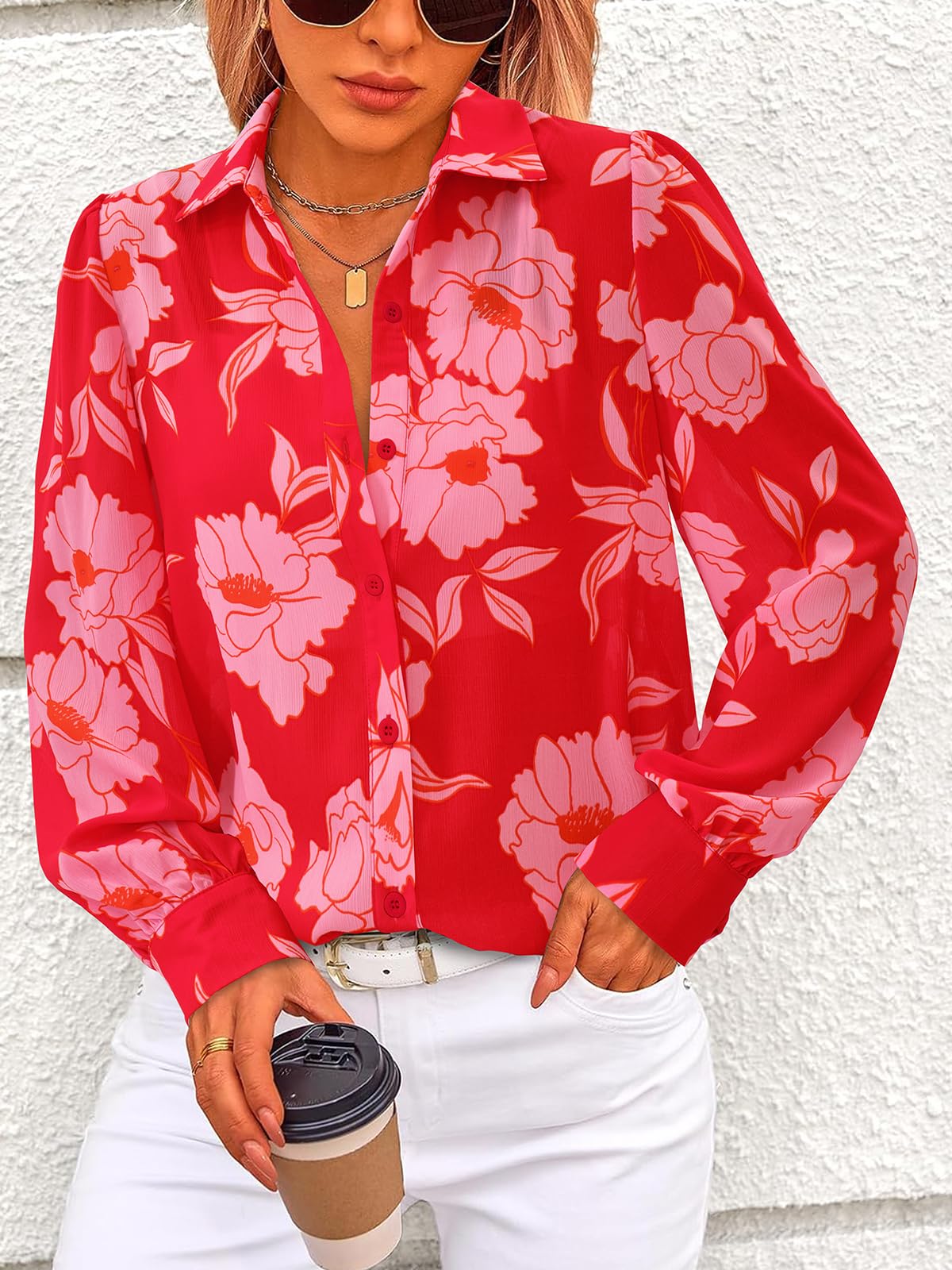PRETTYGARDEN Women's Floral Blouses Dressy Casual V Neck Button Down Shirts Lantern Long Sleeve Boho Chiffon Spring Tops