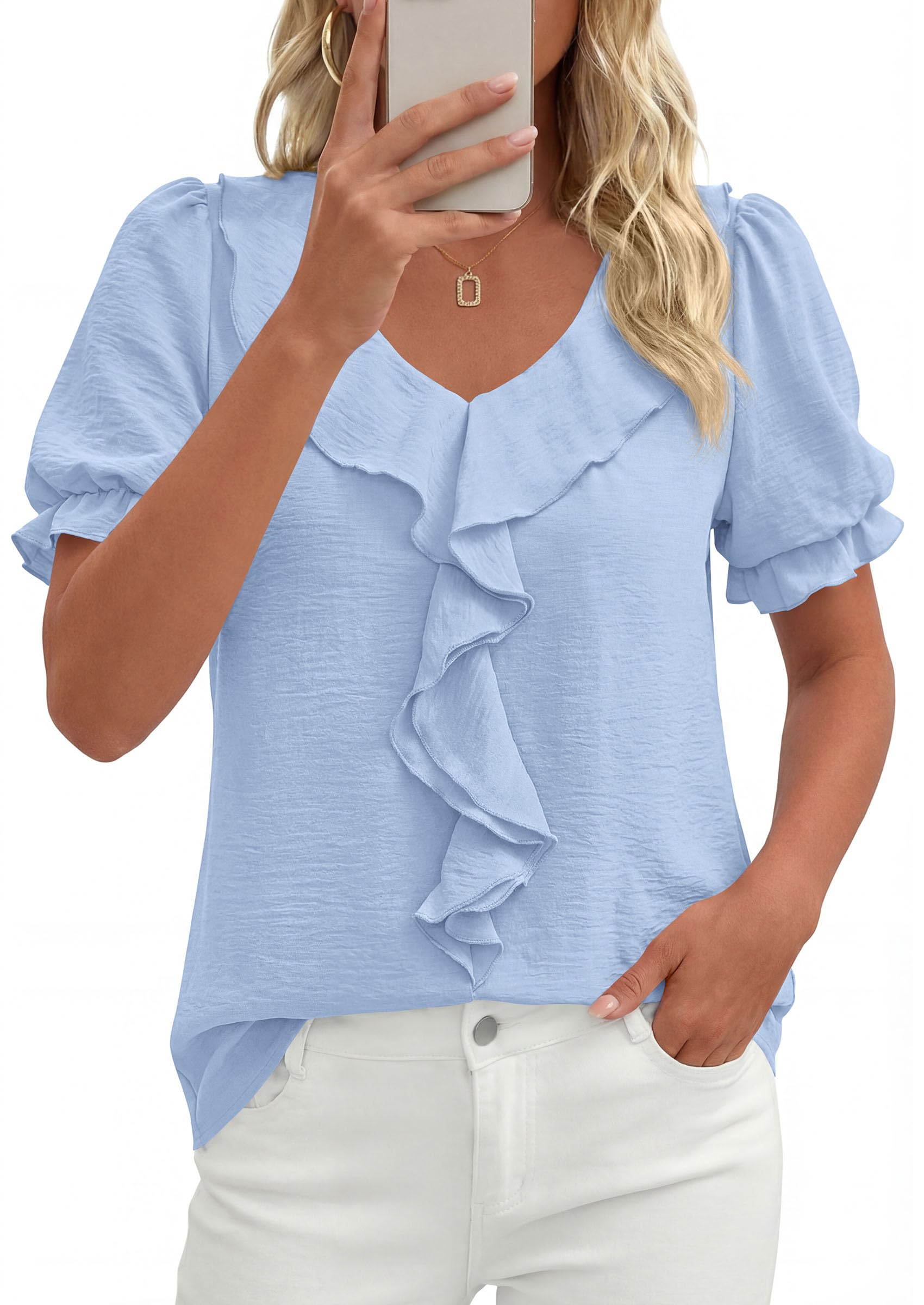 PRETTYGARDEN Women's Summer Dressy Casual Blouses Short Sleeve V Neck Ruffle Business Work Tops Trendy Spring Outfits