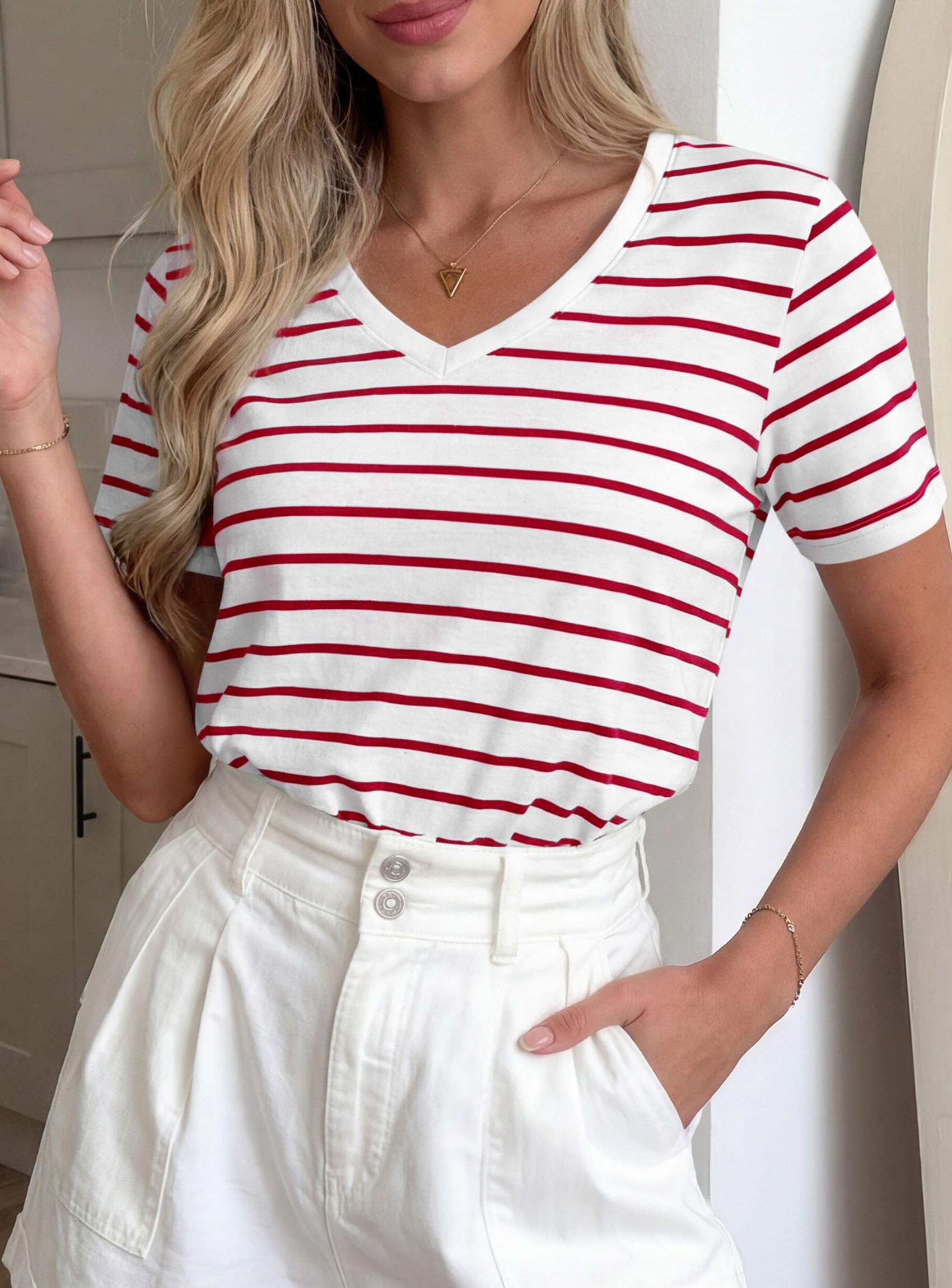 PRETTYGARDEN Short Sleeve Shirts for Women Spring V Neck Cute Tops Casual Striped Shirt Knitted Tees Summer Outfits