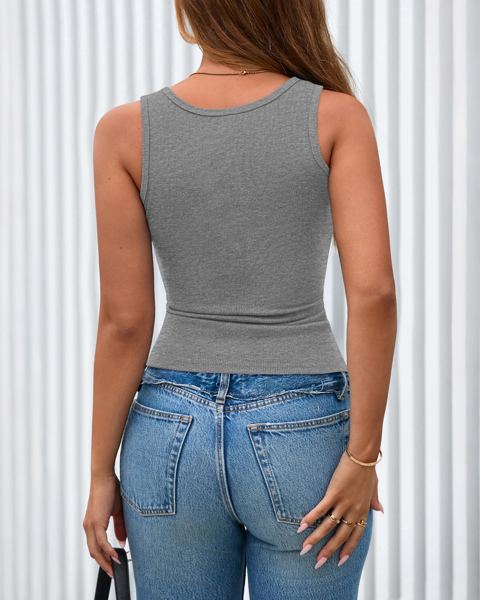 BTFBM Spring Tops for Women Summer Scoop Neck Ribbed Henley Button Sleeveless Casual Basic Tank Top Clothes Outfits
