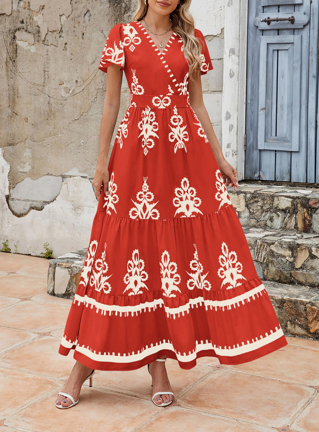 PRETTYGARDEN Womens Summer Casual V Neck Boho Maxi Dress Flowy Aline Bell Sleeve Tiered Floral Dresses with Pocket