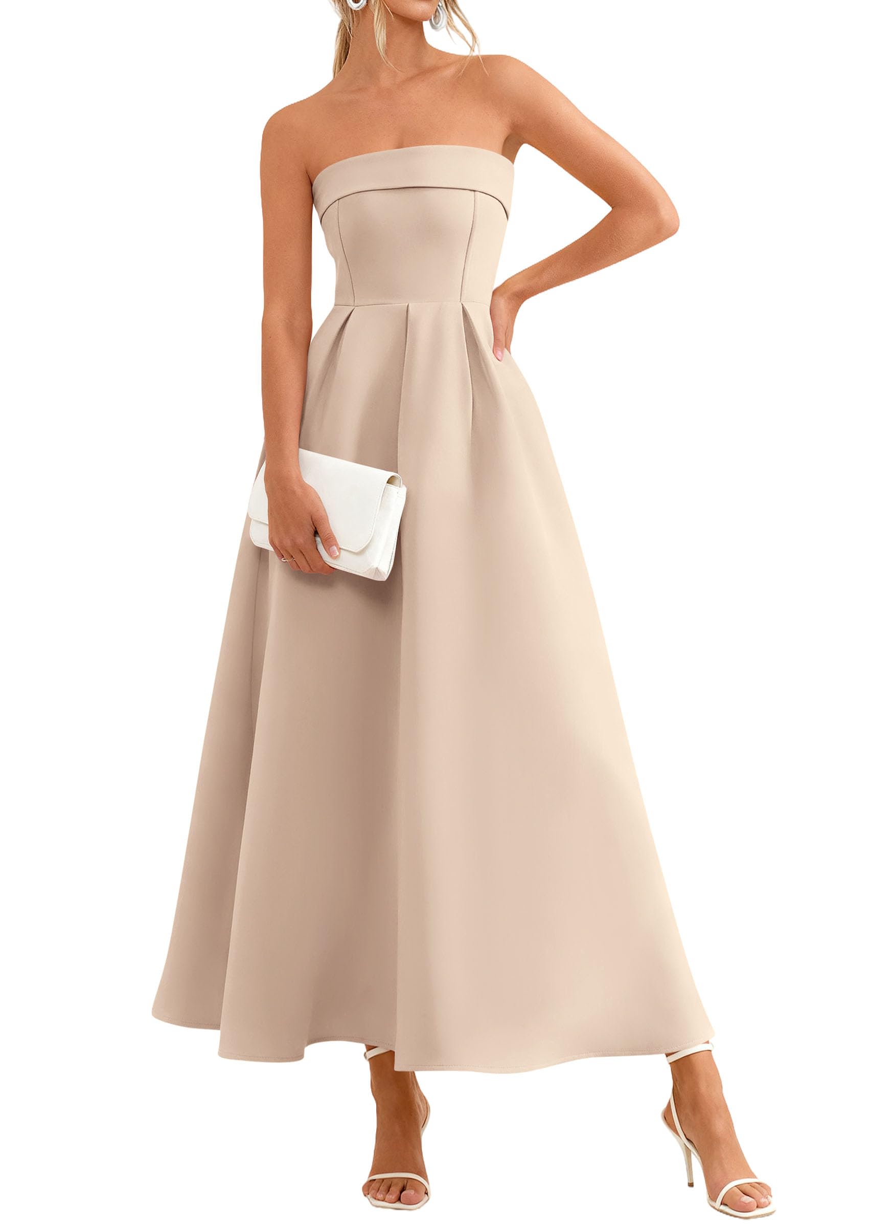 PRETTYGARDEN Cocktail Dresses for Women Summer Formal Elegant Tube Top Strapless Spring Wedding Guest Party Midi Dress